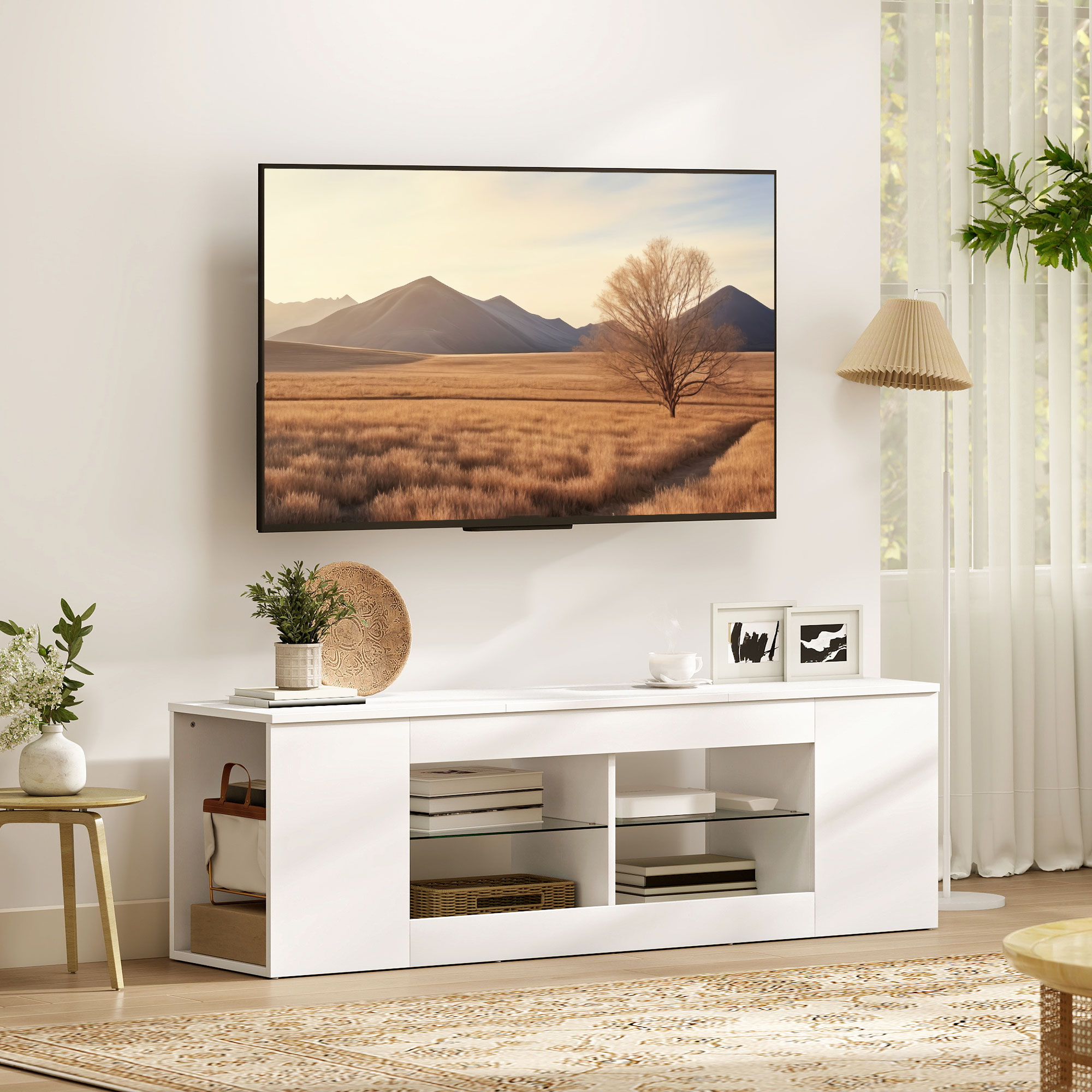 140 cm TV-Ständer, Fernseh-Kommode, 6 Fächer, 2 Glasregale, Spanplatte, Weiß