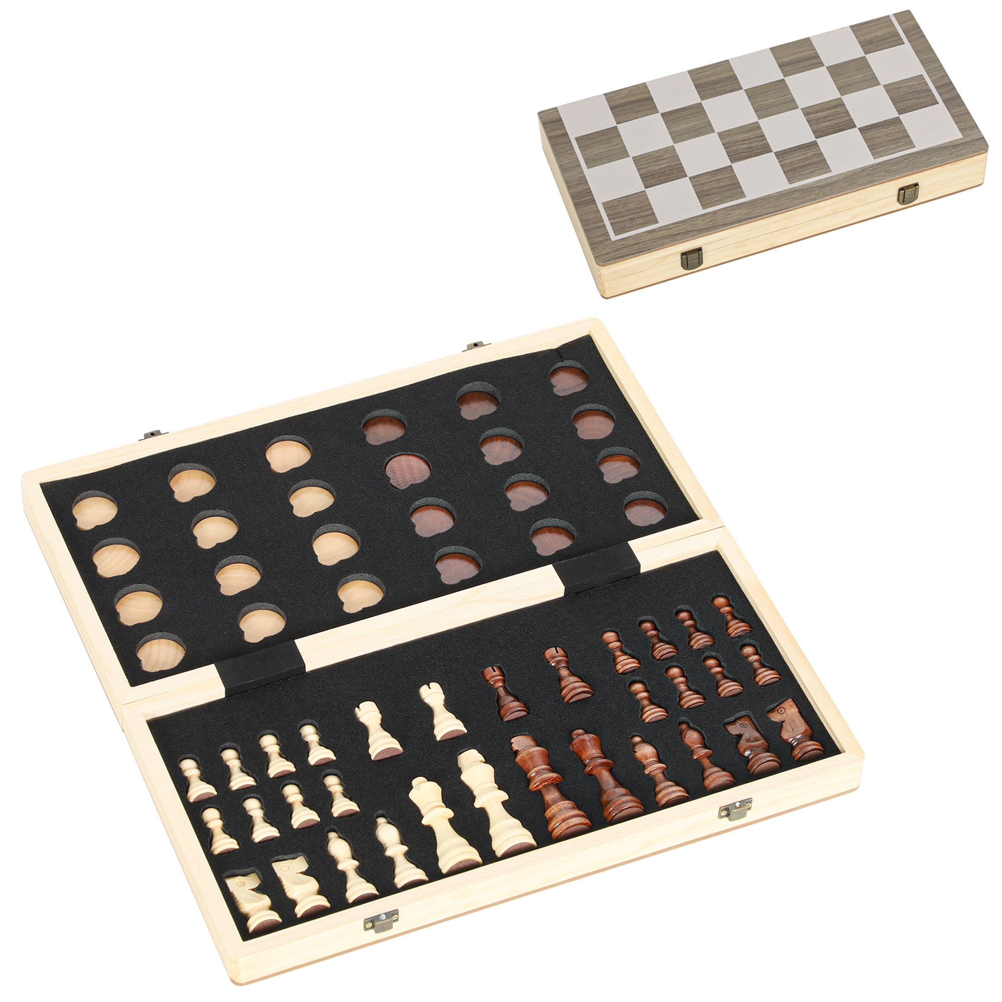 faltbares Spiele-Set, Schach und Dame, kompakter Koffer, Walnuss, Zubehör