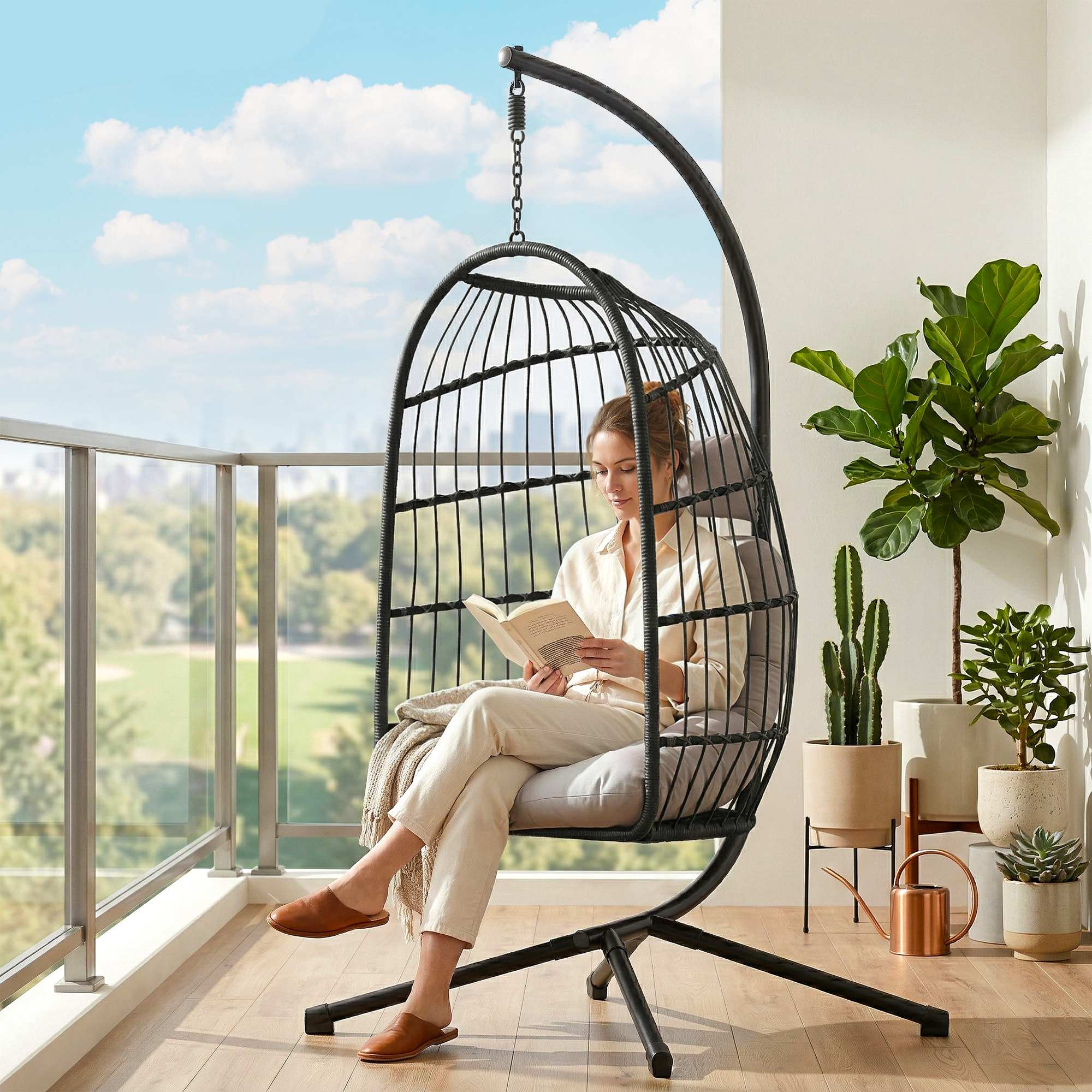 Hängesessel mit Gestell faltbar Polyrattan Hängekorb mit Kissen Sicherheitsgurt Kopfstütze Bänder, höhenverstellbar