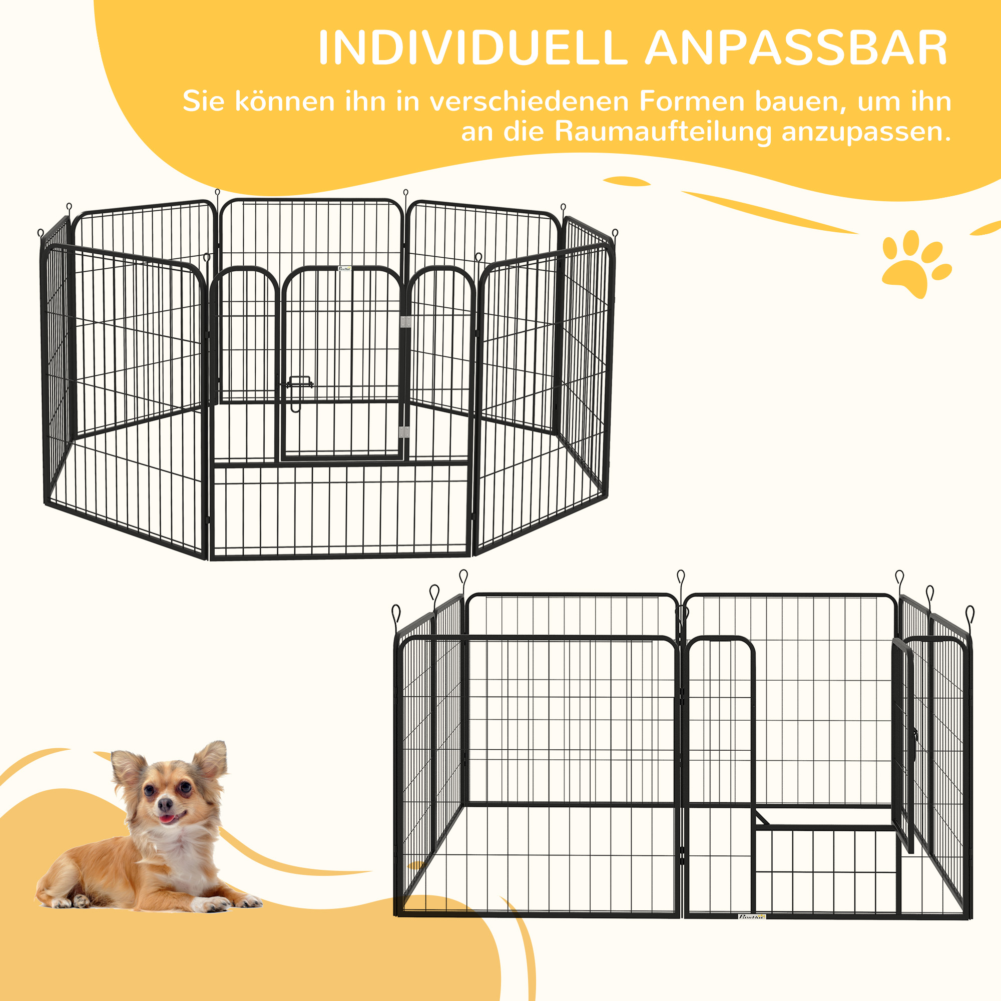 Welpenlaufstall, 8-teilig 80cm hoch Welpenauslauf mit abschließbarer Tür 8 Gitterplatten Stahl Hundelaufstall Freilaufgehege für kleine, mittlere Hunde, für drinnen und draußen, Grau