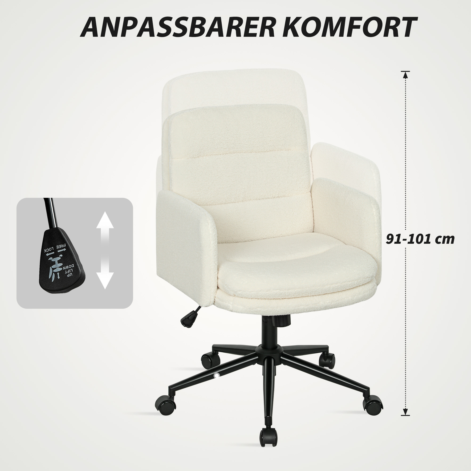 fahrbarer Bürostuhl mit Stoffbezug, Armlehne, 5 Räder, drehbar, Cremeweiß