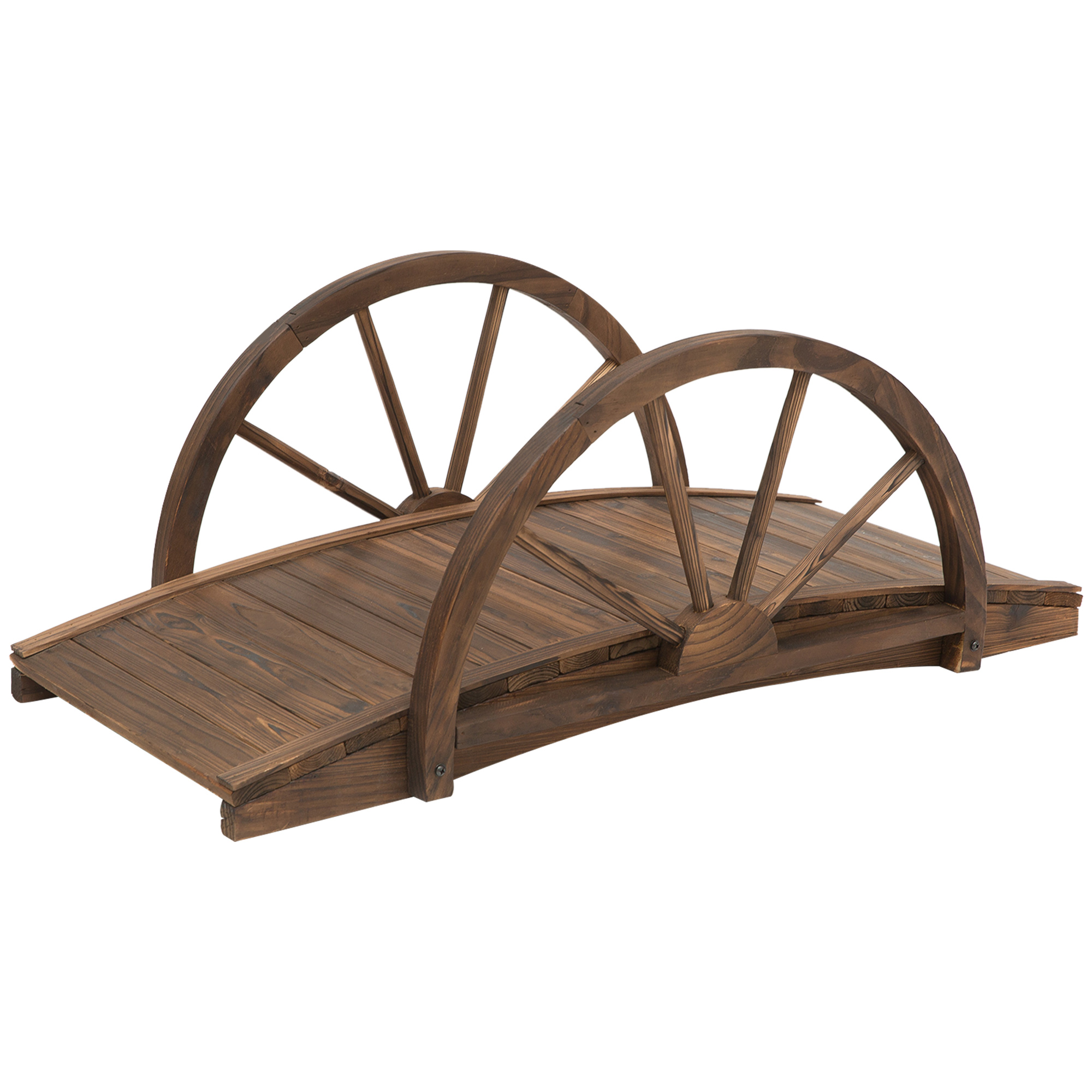 Gartenbrücke aus Tannenholz, Holzbrücke mit Rad Design, Teichbrücke bis 150 kg belastbar 100 x 50 x 37 cm Verkohlt