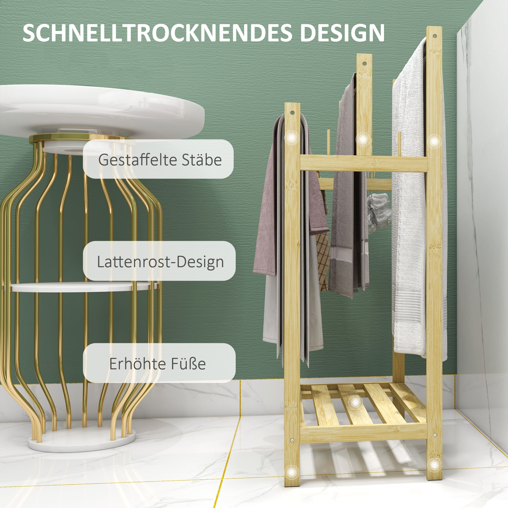 Handtuchhalter, freistehend, 3 Stangen, Bambus/Edelstahl, 50,5x31x90cm