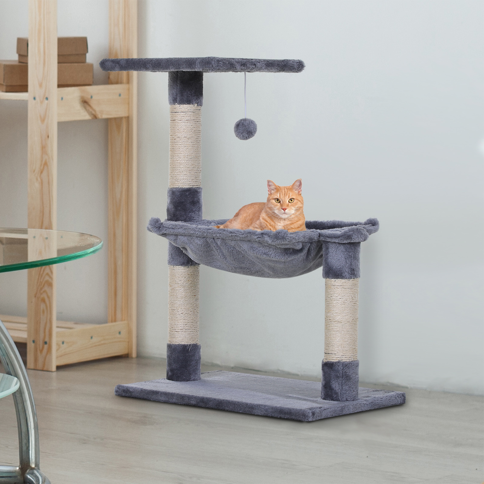 Kletterbaum Katzenbaum Kratzbaum mit Sisalsäule Plüsch-Hängematte Spanplatte Grau 50 x 36 x 70 cm