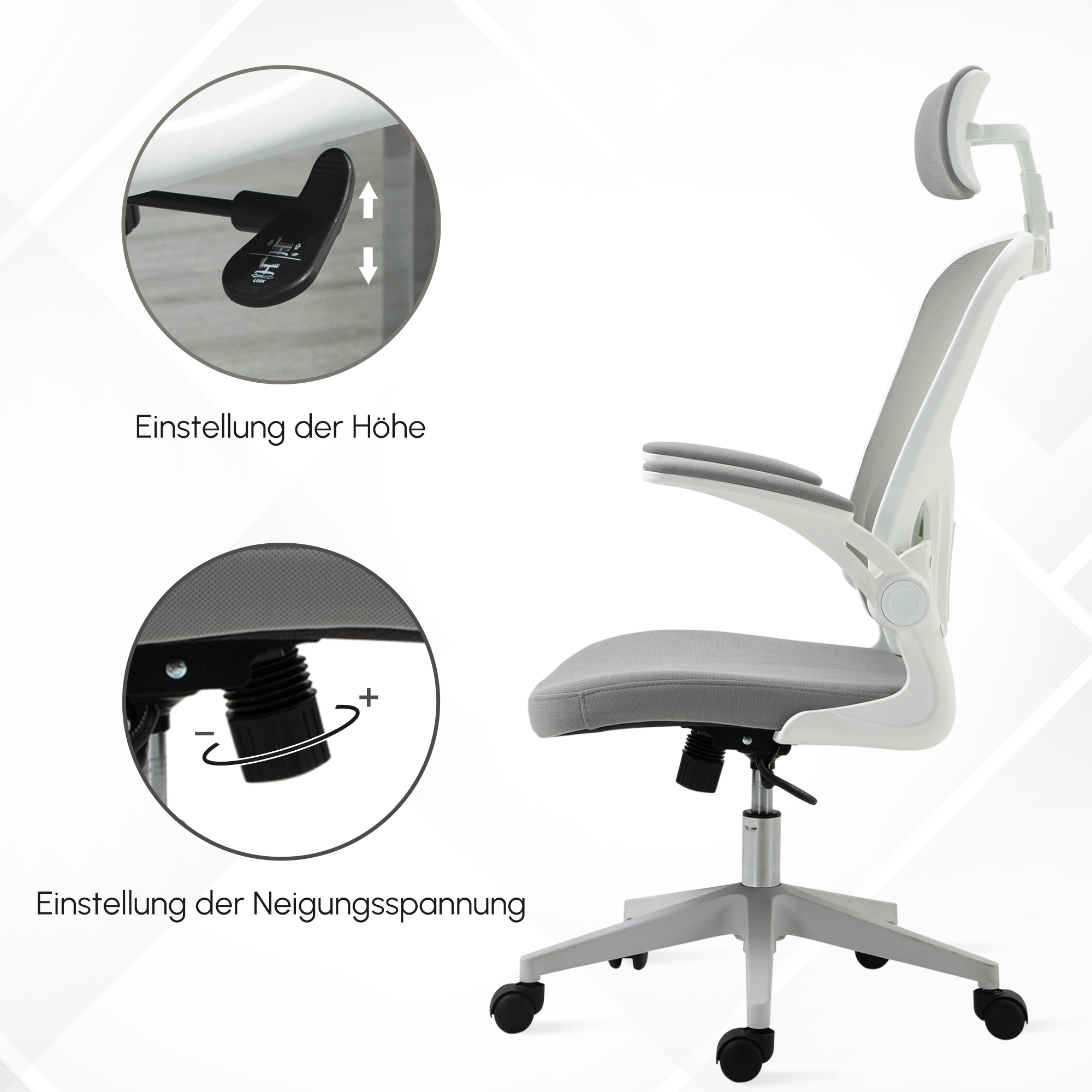 Bürostuhl ergonomischer Shreibtischstuhl mit Wippfunktion hoher Rückenlehne Lendenwirbelstütze Kopfstütze hochklappbarem Arm Home-Office Grau 65 x 64 x 114-122 cm