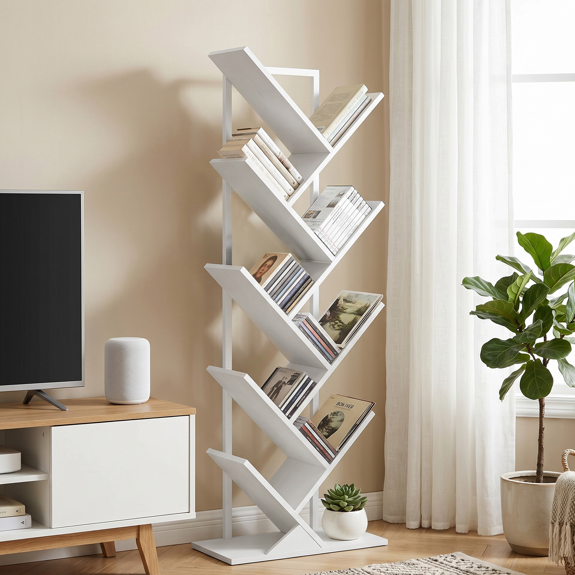 9-stufiges Baum-Bücherregal, freistehendes industrielles Bücherregal mit Stahlrahmen, Aufbewahrungseinheit für CDs, DVDs, Weiß