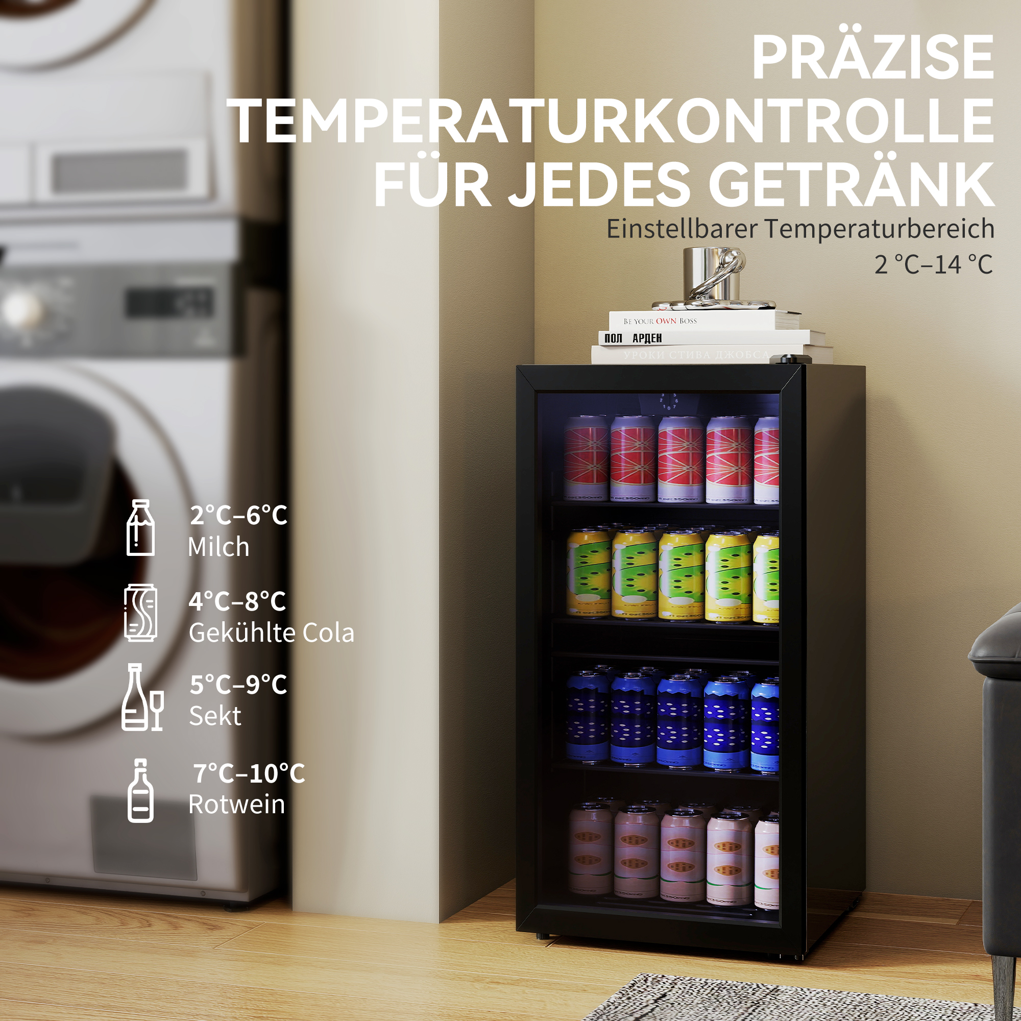 Mini Kühlschrank 93L Kühlbox mit Glastür, verstellbaren Regalen, LED, Temperaturregelung, 47,2 x 43,7 x 83,3 cm Schwarz