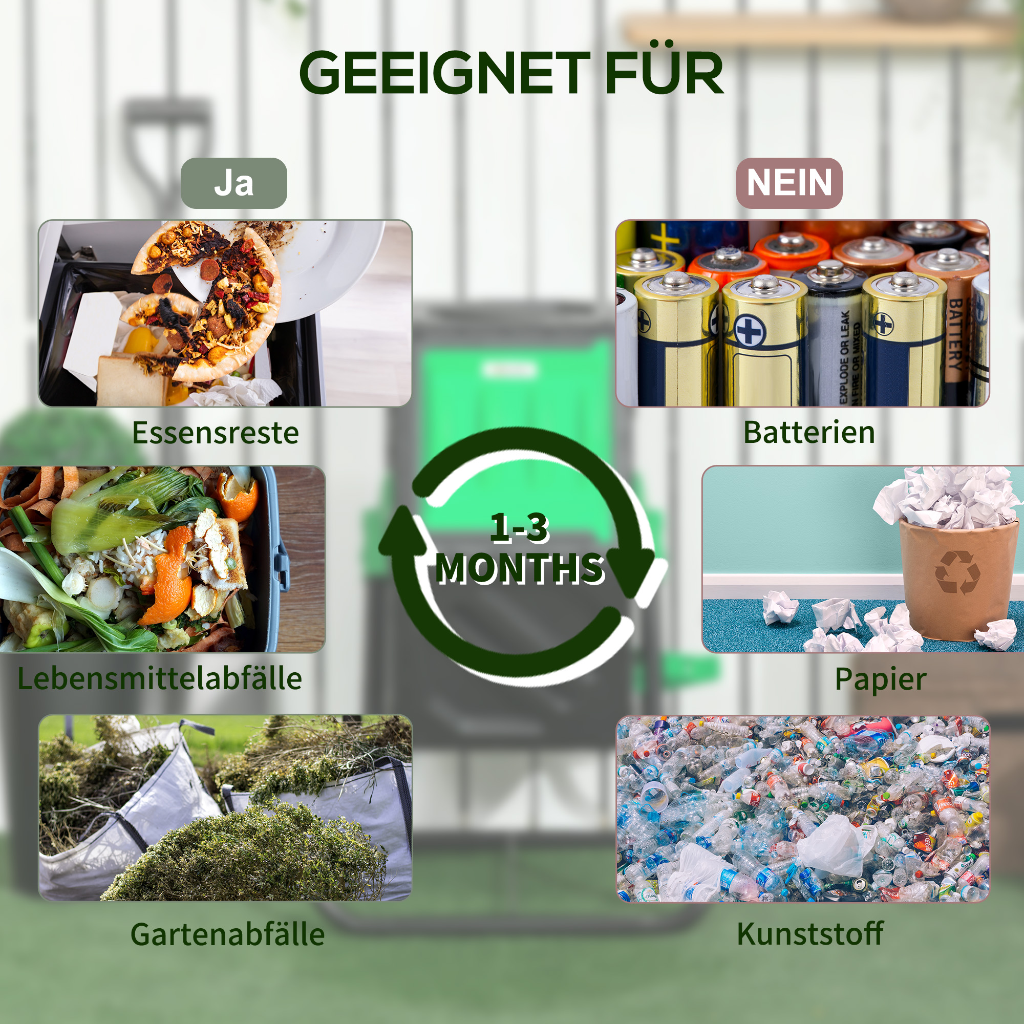 Kompostbehälter, 65 Liter Komposter, drehbar, kompakt, 24 Belüftungslöcher, Stahl, Kunststoff, Grün+Schwarz