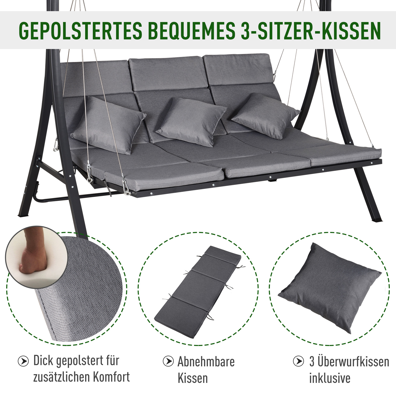 Hollywoodschaukel 3-Sitzer-Hollywoodschaukel, inkl. Kissen, wetterbeständig, 200 cm x 115 cm x 168 cm, Grau