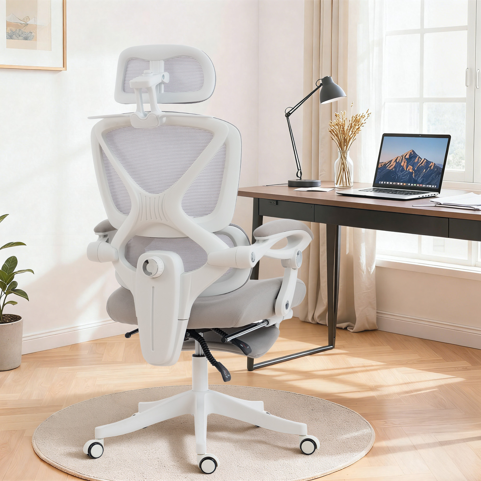 Bürostuhl, Ergonomischer Schreibtischstuhl mit Fußstütze, Wippfunktion, Armlehne, Netzstoff, Grau