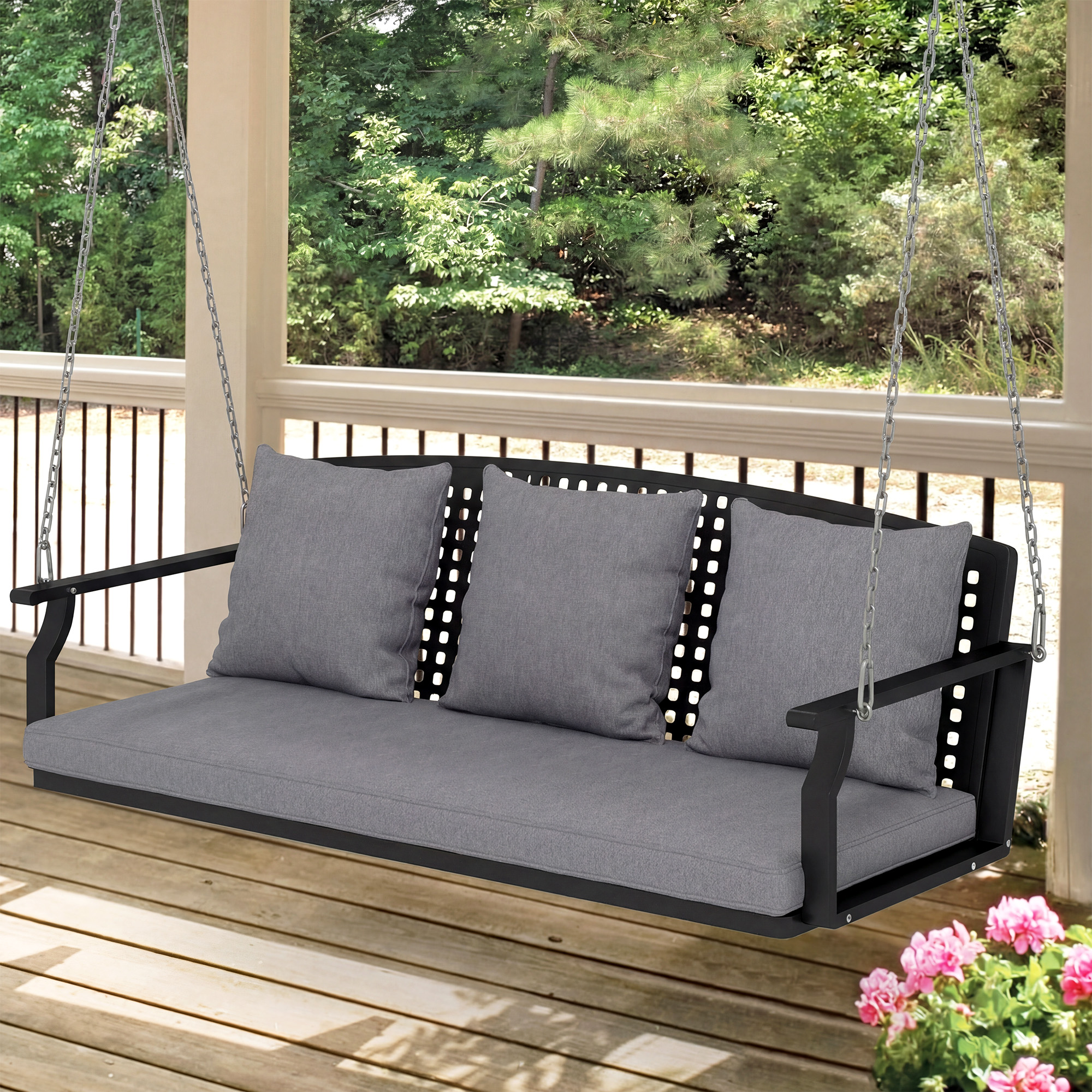 3-Sitzer Veranda-Schaukel, Gartenschaukelbank mit 3 Rückenkissen, Sitzkissen, Hängevorrichtung, Grau