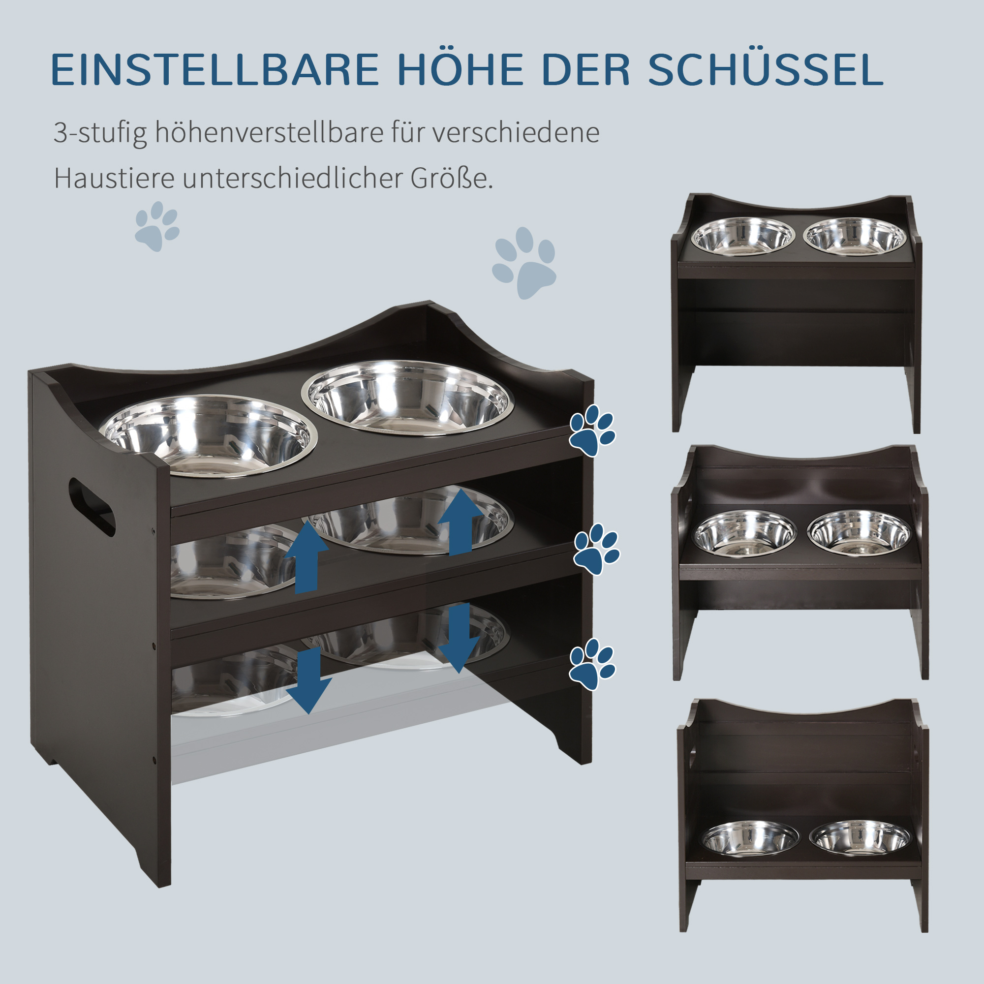 erhöhter Hundenapf Höhenverstellbar Futternapf mit Ständer Wassernapf 2 x 2L Edelstahlnäpfen Langsamfutternapf verstellbar Fressnapf Futterstation Hundenäpfe für alle Hundegrößen, Kaffee