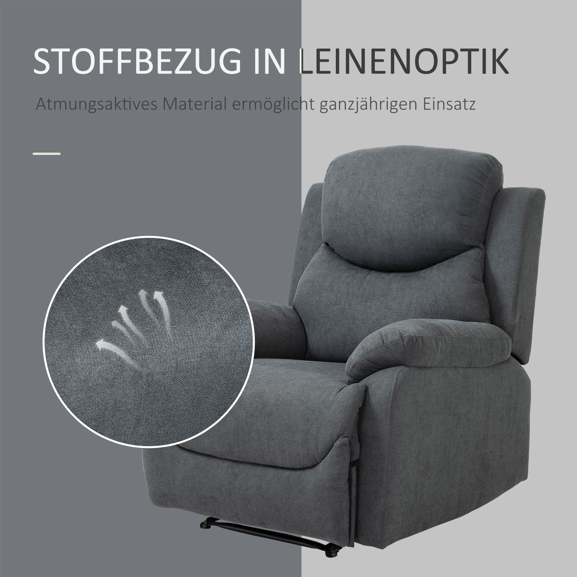 Sessel mit Liegefunktion für Wohnzimmer, 150° neigbar, Leinenoptik, Dunkelgrau