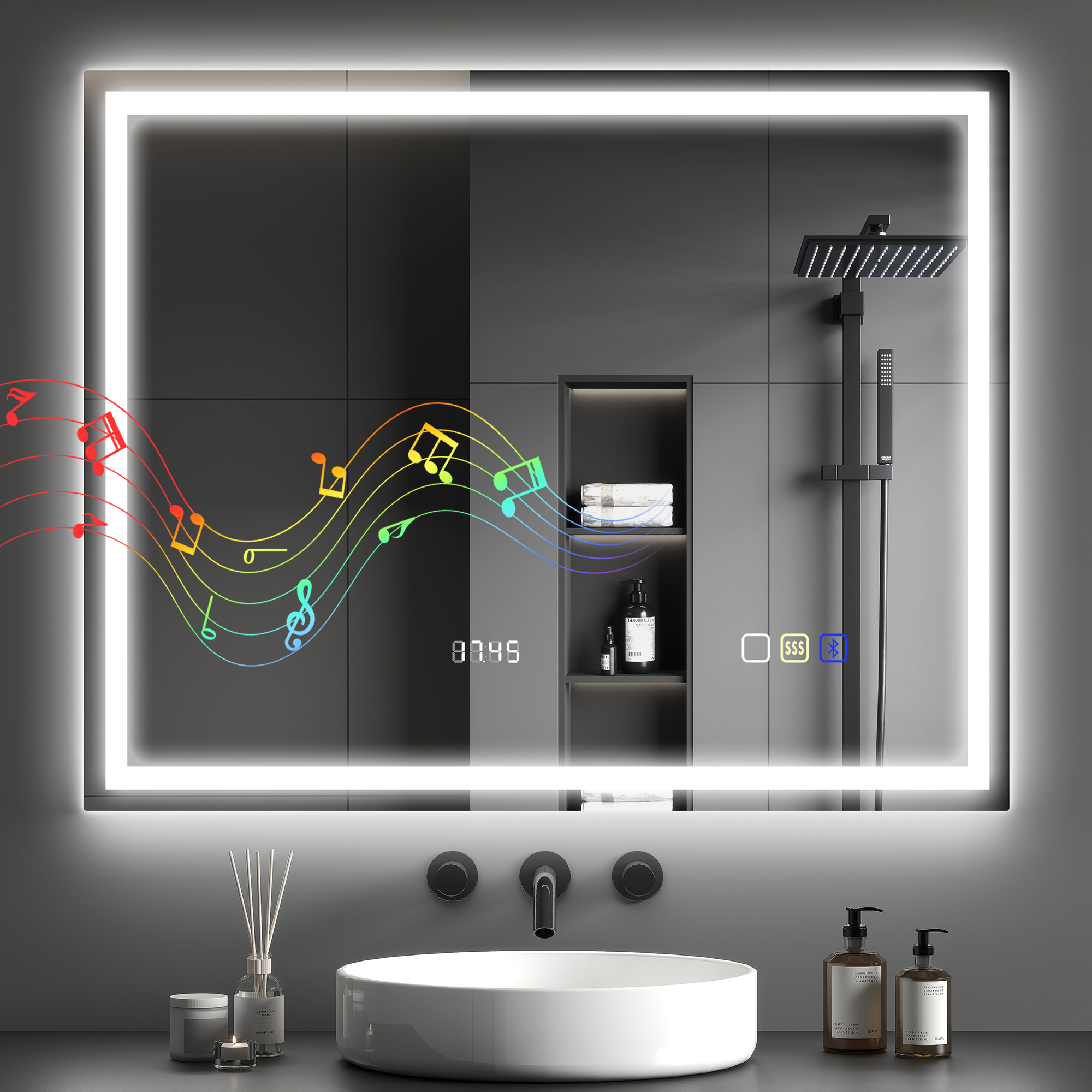 Badezimmerspiegel LED bluetooth 80 x 100 cm Touch-Schalter einstellbare Beleuchtung 3 Farben Anti-Fog Memory Silber