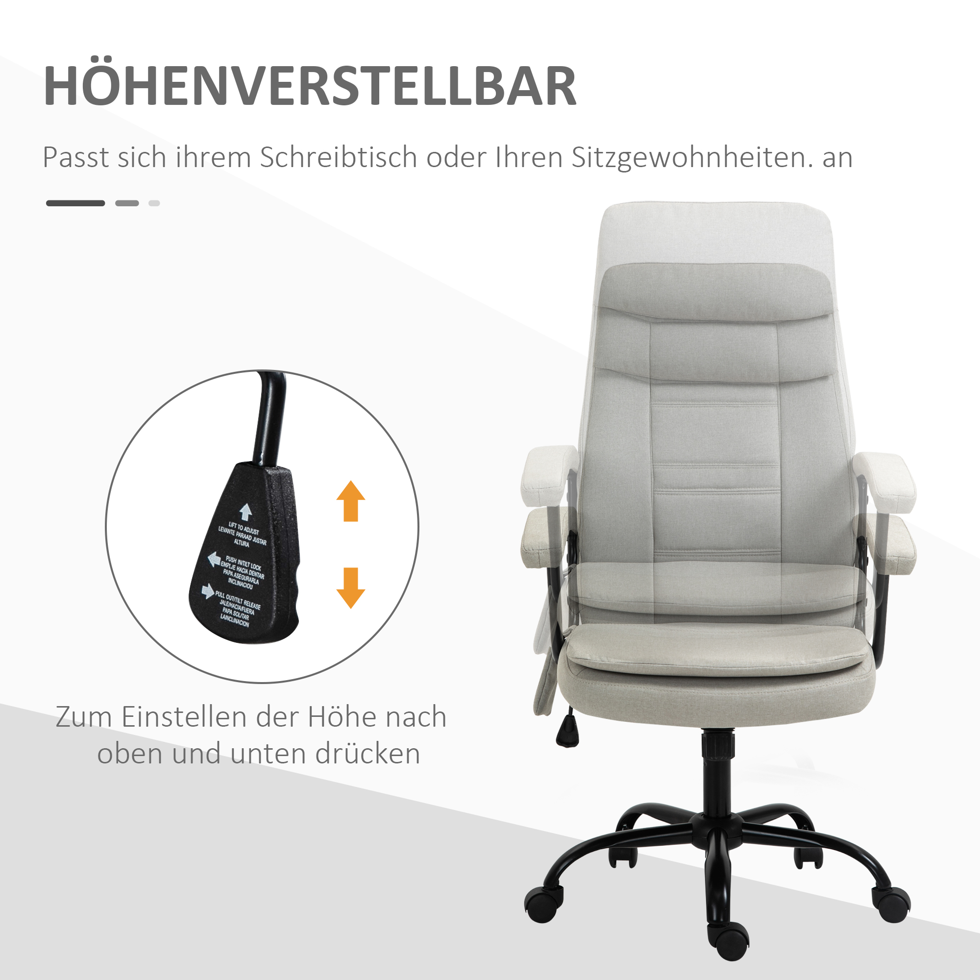 Bürostuhl Massage höhenverstellbarer Chefsessel Gamingstuhl mit Massagefunktion, ergonomischer Drehstuhl Massage Sessel Lendenwirbelsäulenmassage Leinen-Gefühl Beige 63 x 70 x 112-121 cm