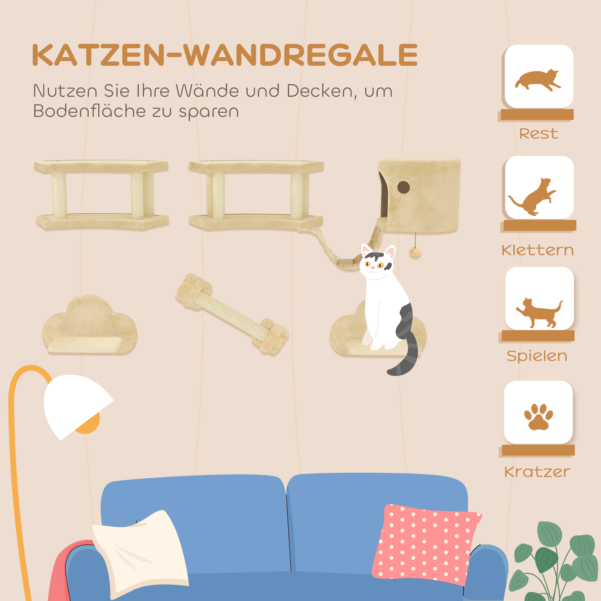 5-teiliges Katzen-Kletterset mit Kratzpfosten, Sprungplattformen, Leiter, Haus, Wandmontage, Beige