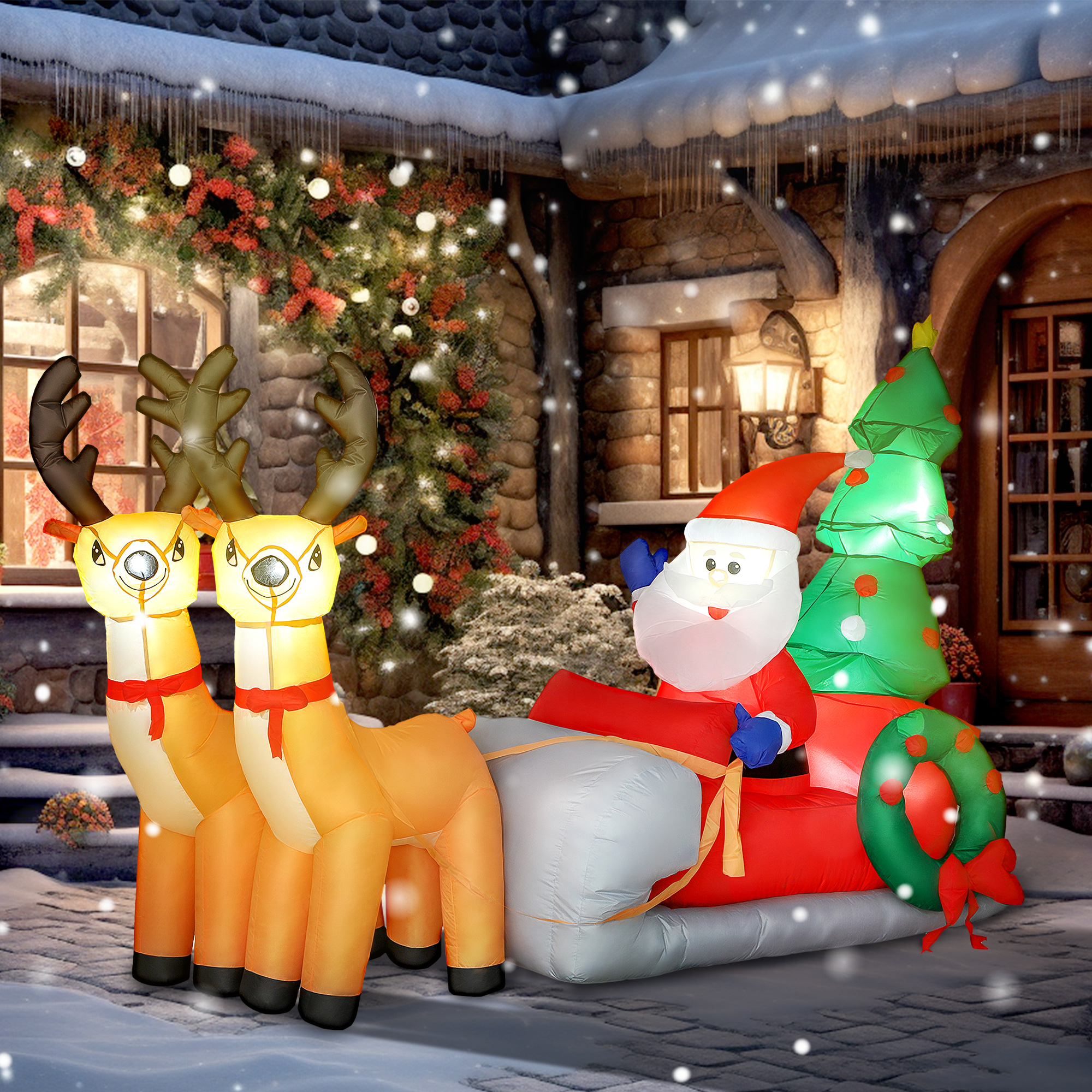 Aufblasbare Weihnachtsdekoration, Weihnachtsmann in Rentierschlitten, Polyesterstoff, LED-Lichter, Bunt