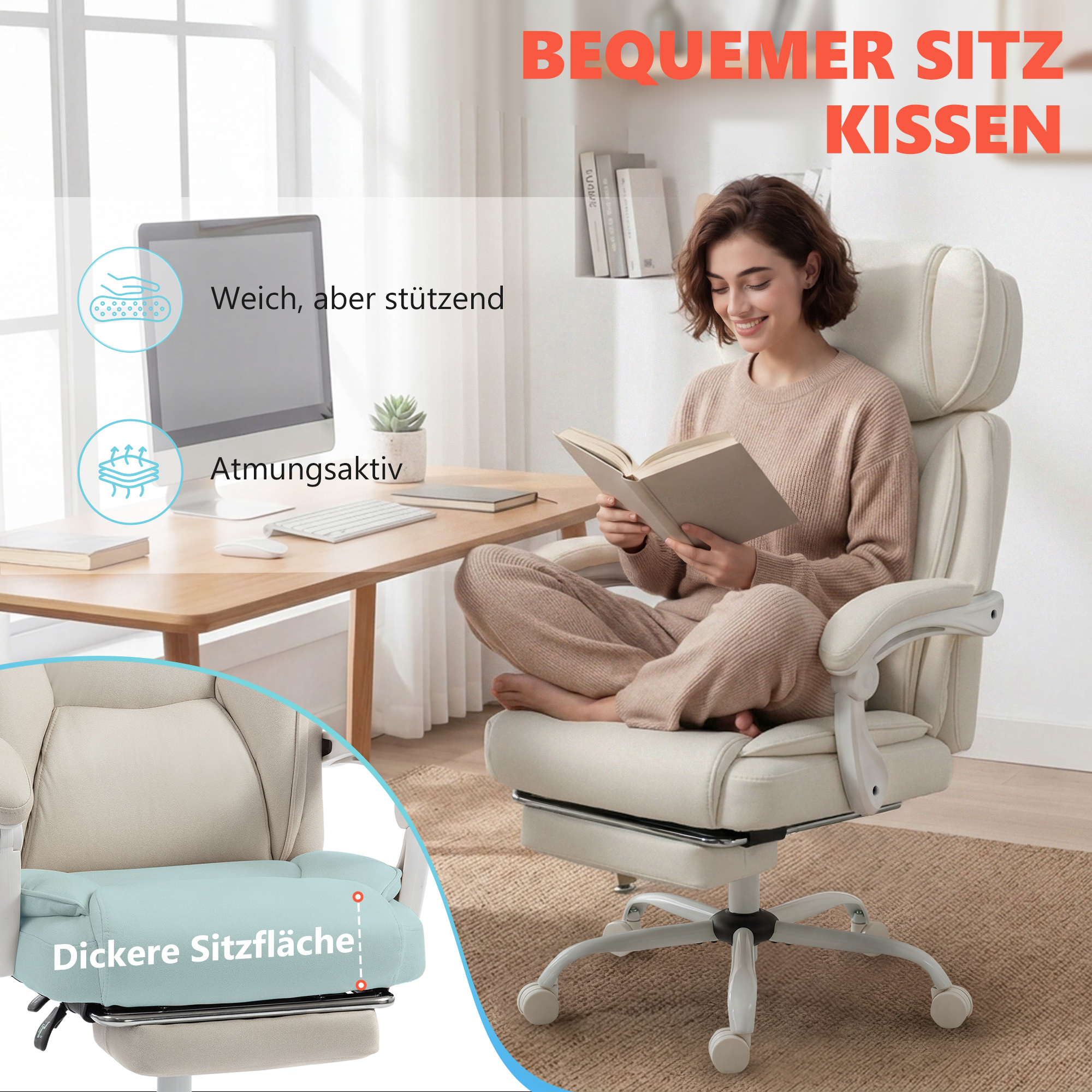 Hochlehner-Bürostuhl mit Vibrationsmassage und Heizung, ergonomisch, neigbar, mit Fußstütze, Cremeweiß