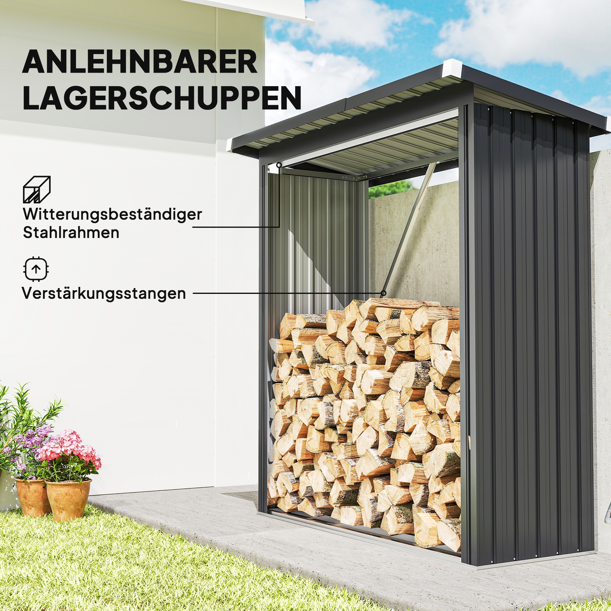 Brennholzschuppen, Feuerholzunterstand, Stahl, erhöhter Boden, Schrägdach, 150 x 66,5 x 150 cm, Dunkelgrau