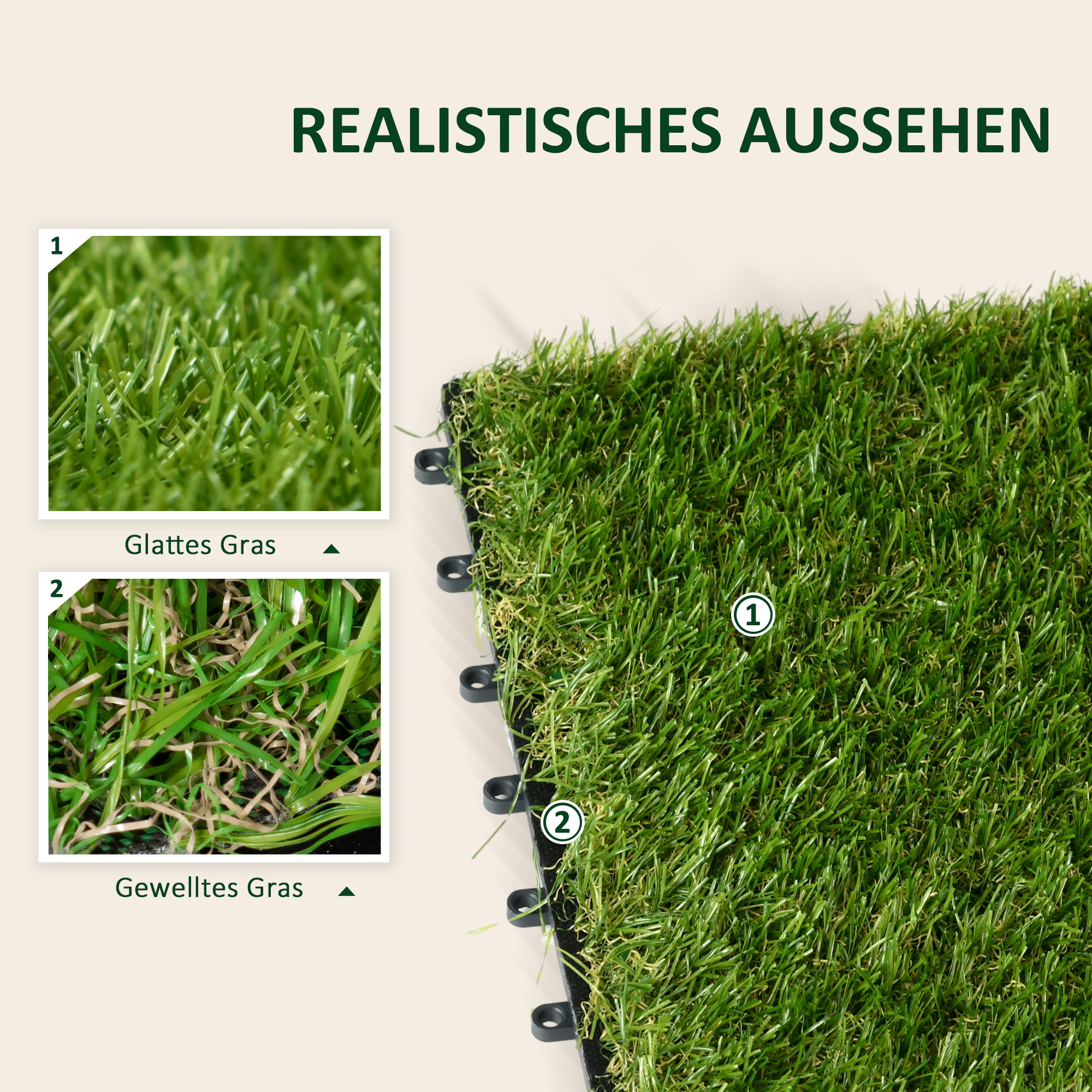 Kunstrasen, naturgetreu, Drainagefunktion, 6,5 K Fasern/m², 25mm Höhe, 10-er Set je 30x30cm, Grün