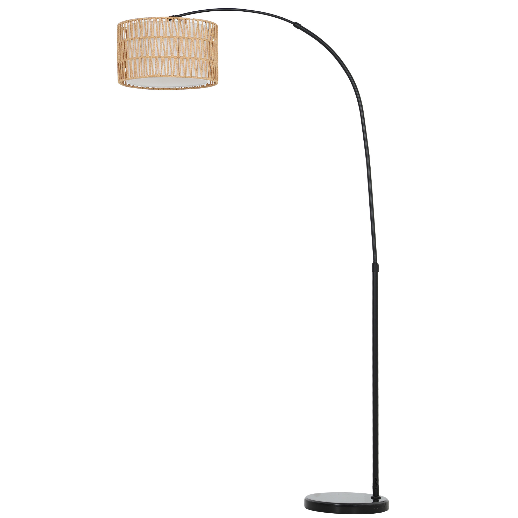 Stehlampe mit Hanfseil-Schirm, höhenverstellbar, Fußschalter, Metall, Schwarz
