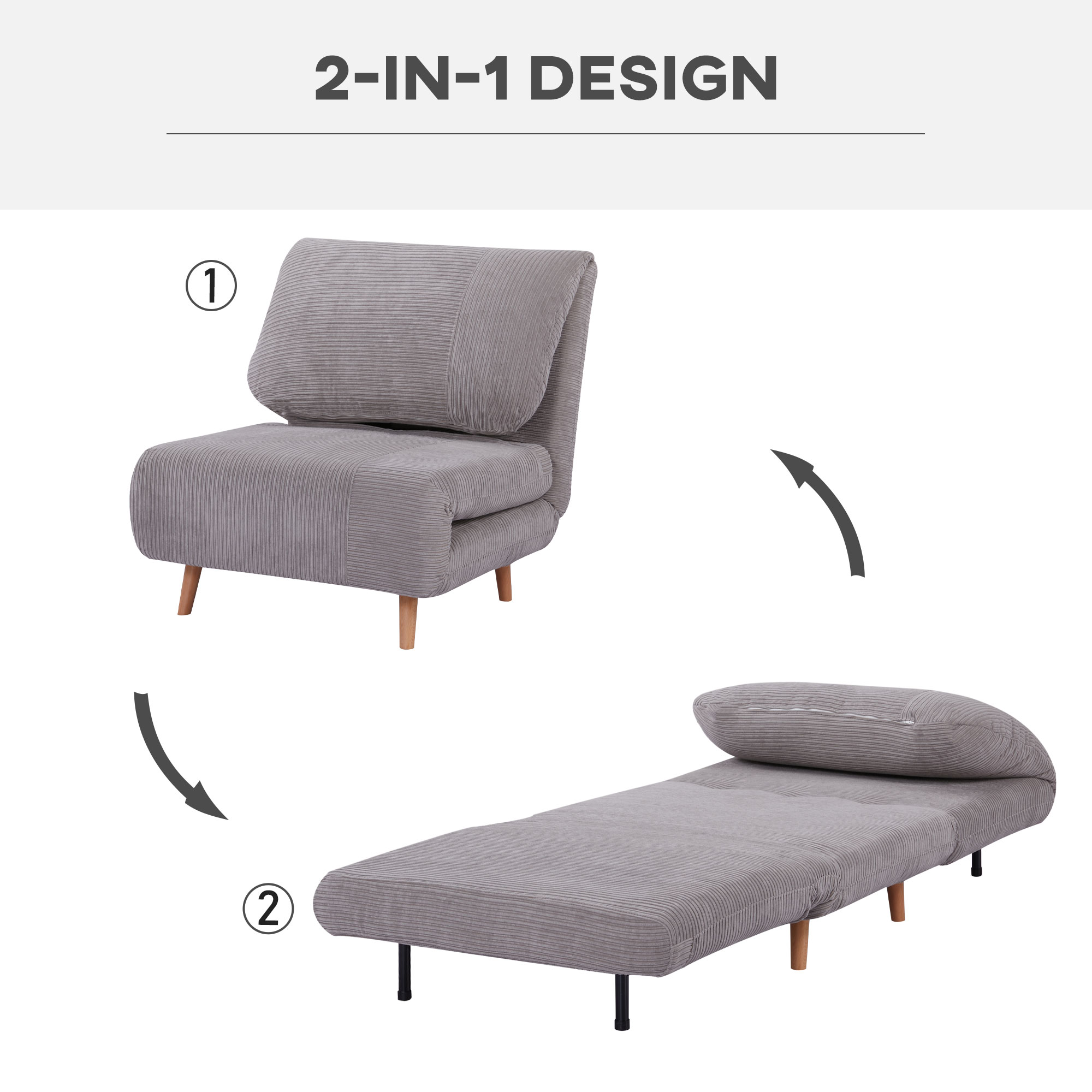 2-in-1 Schlafsessel Gästebett, bis 200 kg, verstellbare Kopfstütze Cord-Optik 82 cm x 8 cm x 83 cm Grau