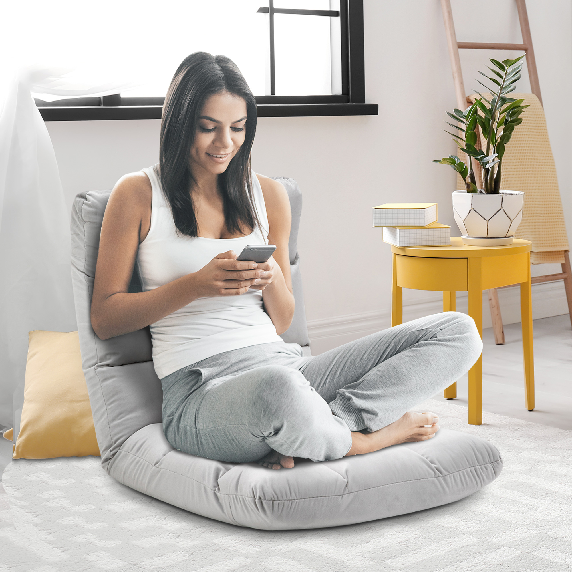 Bodenstuhl, faltbar, Bodensessel mit Liegefunktion Verstellbarer Rückenlehne, gepolstert Relaxsessel zum Fernsehen, Lesen, Meditationsstuhl Lazy Sofa Lesesessel für Meditation Zuhause Grau