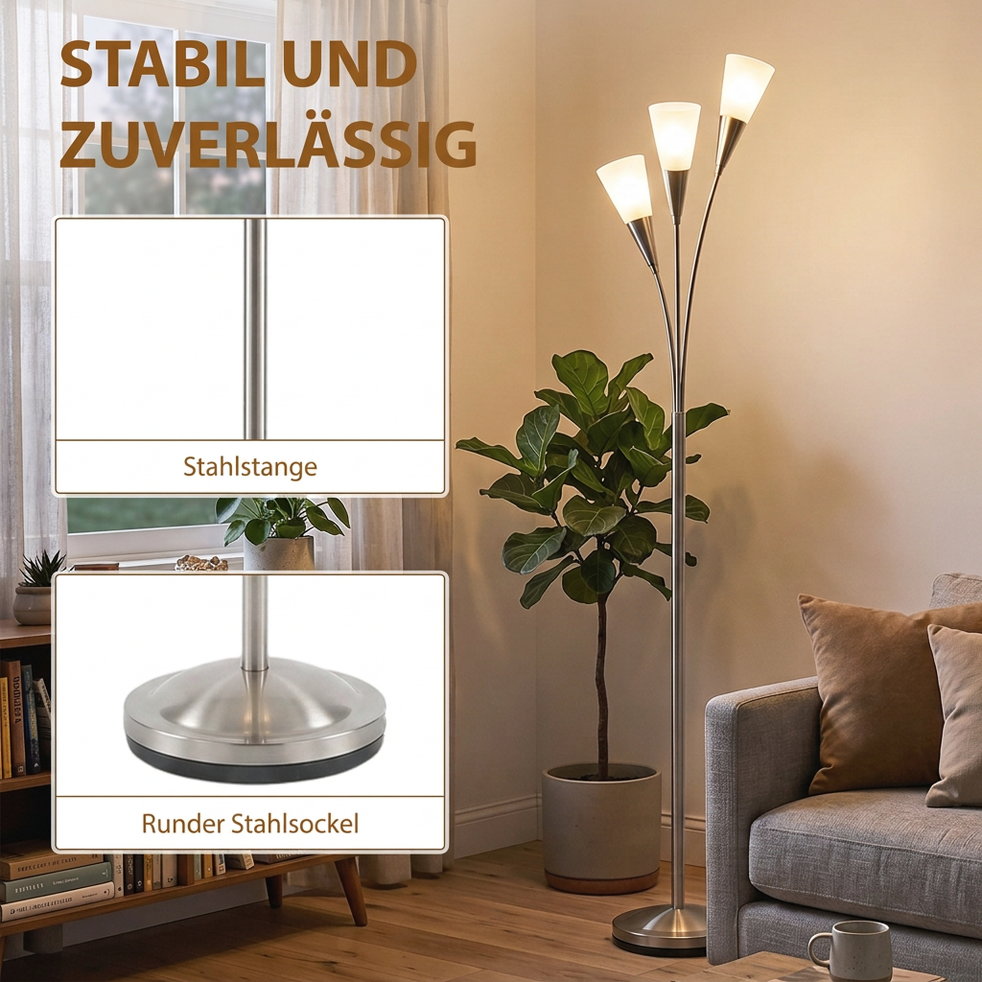 Stehlampe Wohnzimmer 40 W Stehleuchte mit Fußschalter, 3 x E14-Fassung für Schlafzimmer, Büro, Ohne Glühbirne, Silber