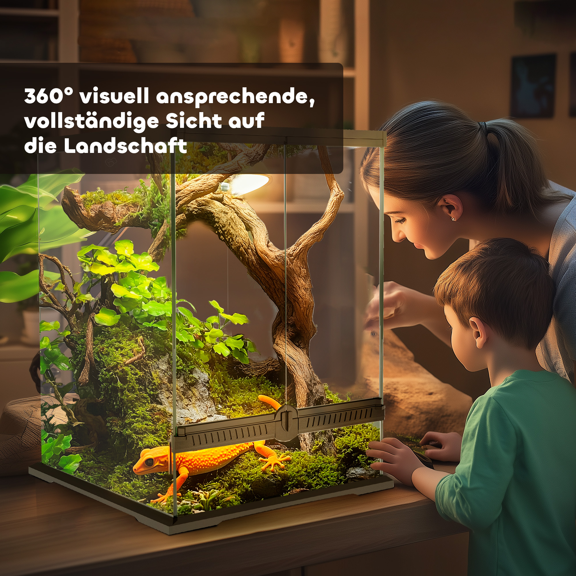 Terrarium, Glasgehäuse, verriegelbar, Kabelmanagement, 45x45x60cm, Schwarz