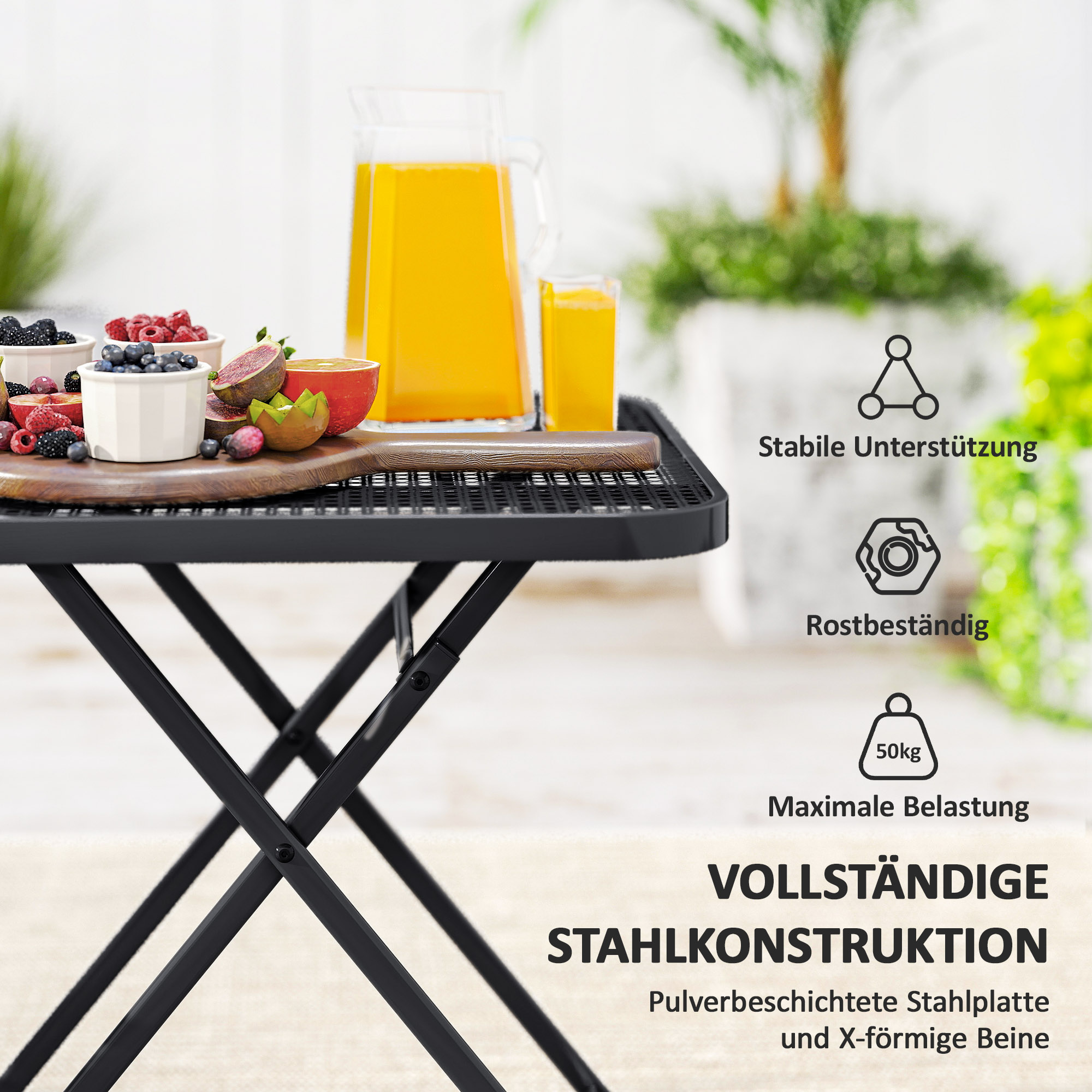 Gartentisch klappbar 70 x70 cm, Wetterfest Balkontisch Klapptisch mit Ausschnitt-Design quadrarisch Schwarz