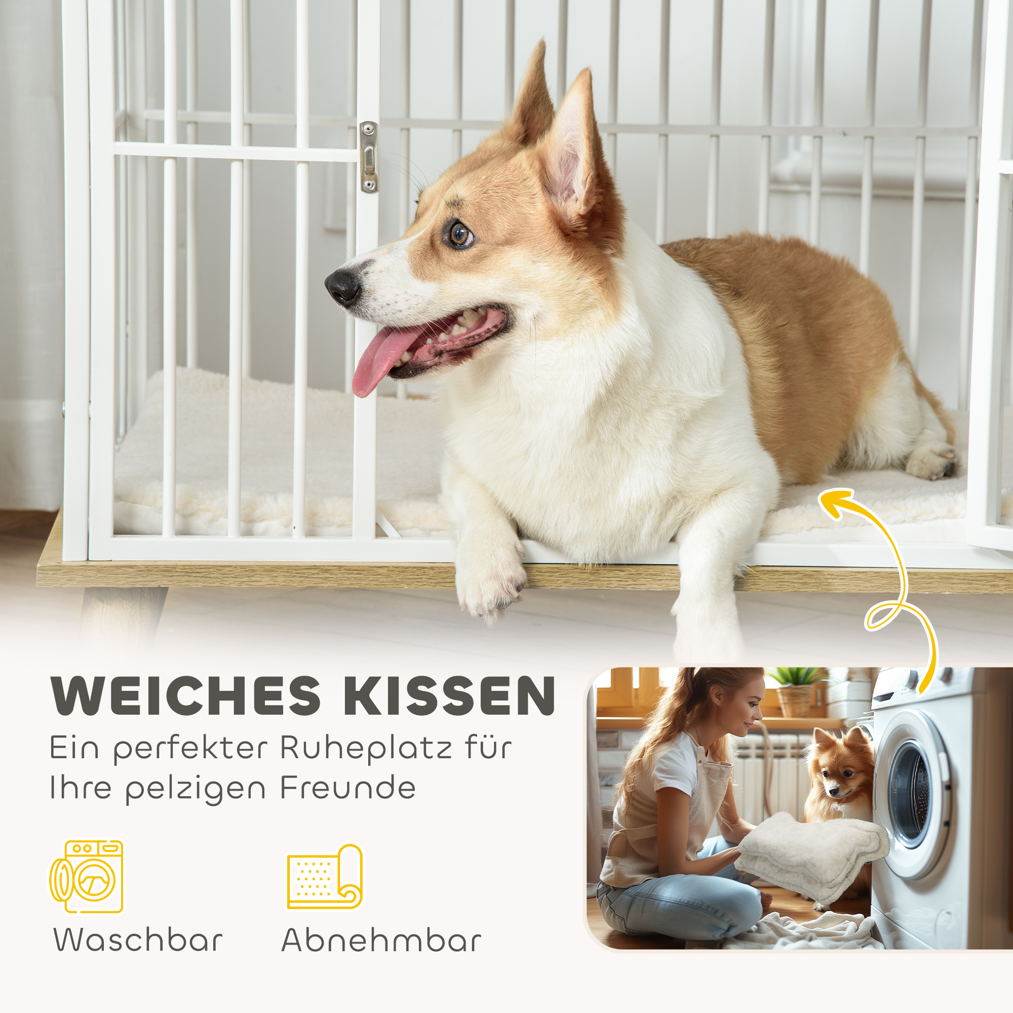 Hundebox mit Verriegelungstür, abnehmbares Kissen, gute Belüftung, Stahl, 86x60x70 cm, Weiß+Grau