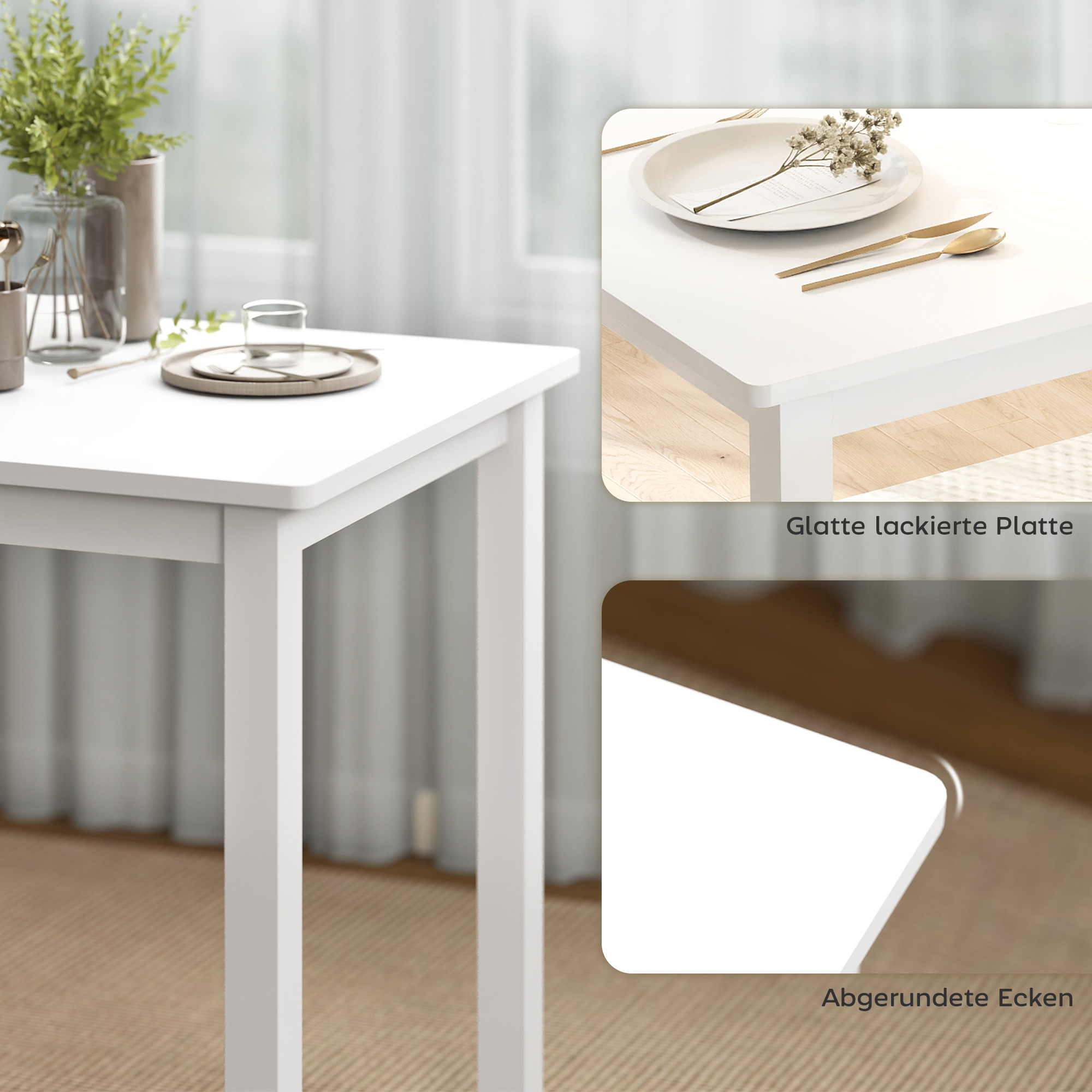 3-teiliges Esstisch-Set mit 2 Stühlen, Küchentisch für kompakte Räume, gepolsterte Stühle, platzsparend, MDF, Weiß