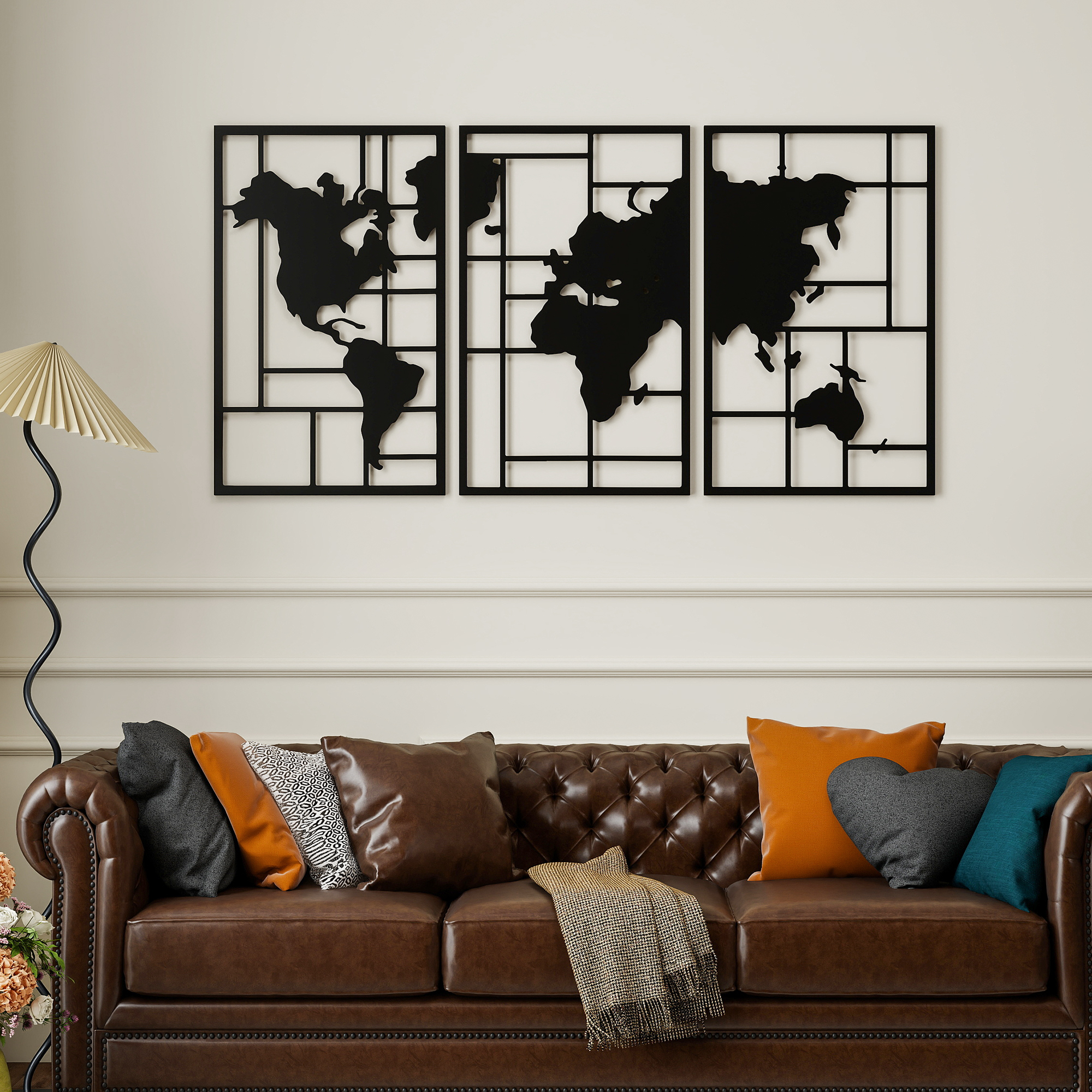 Wanddeko Metall 3 Stück Wanddekoration Weltkarte Wandkunst für Wohnzimmer Schlafzimmer Flur, 50 x 80 cm, Schwarz