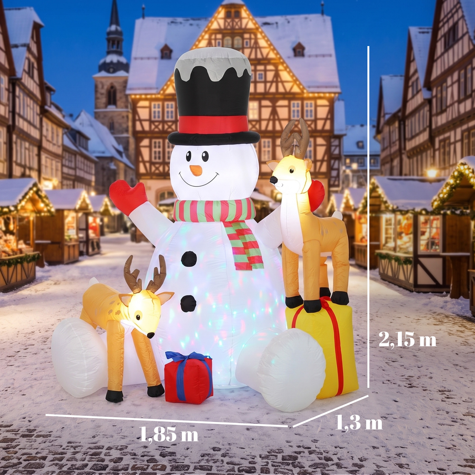Aufblasbarer Weihnachts-Schneemann mit 2 Rentieren, 215 cm, für draußen, mit LEDs und Tasche