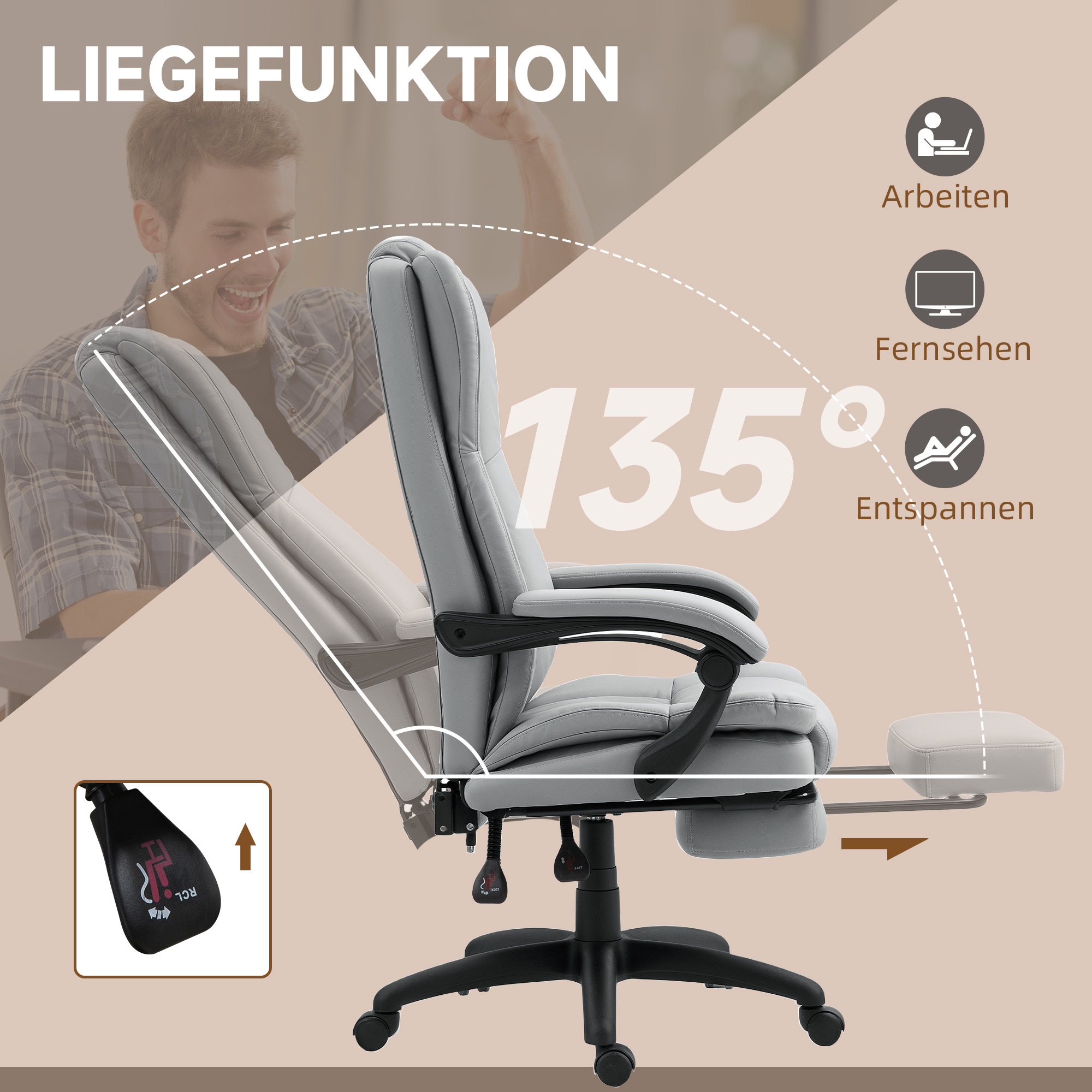 verstellbarer Drehstuhl mit Fußstütze, Kopfstütze, Massagefunktion, Kunstleder, 68,5x68,5x113-121cm