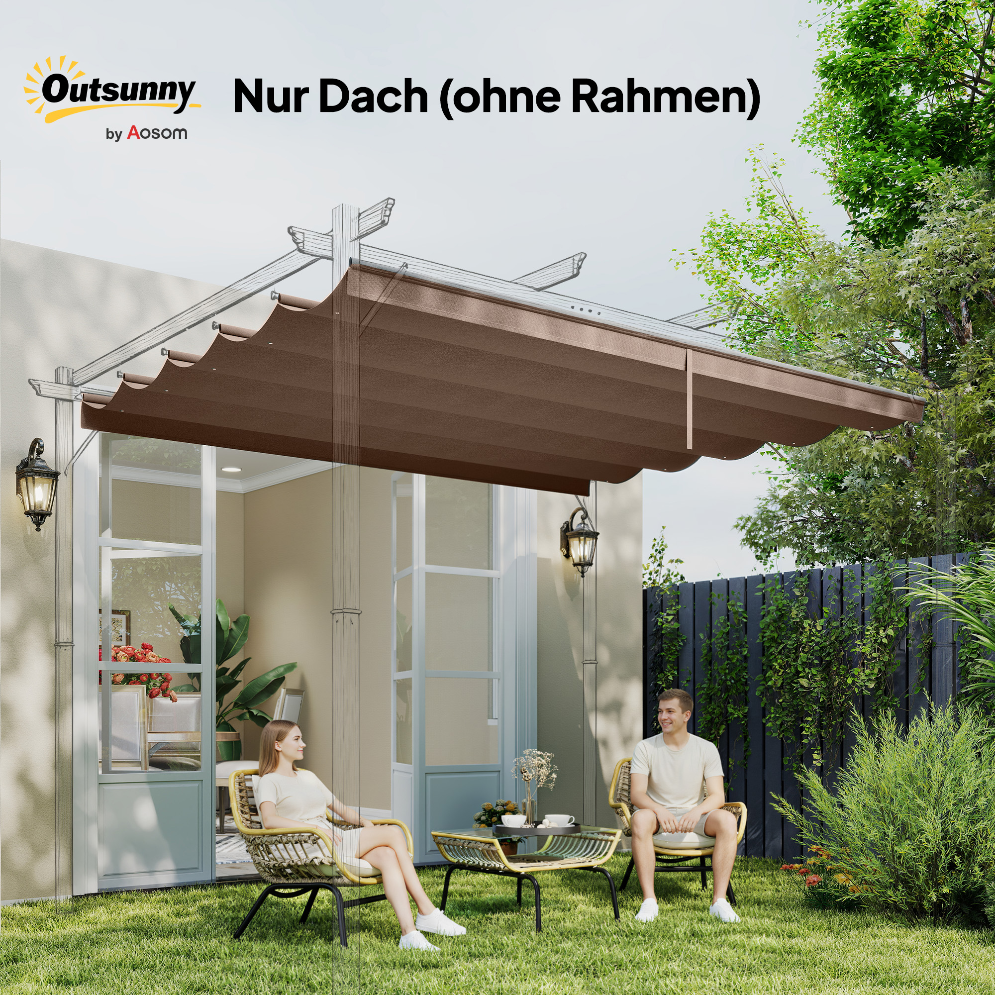 Ersatzdach für 3 x 3 m Pergola, einziehbar, mit Regenabflusslöchern, wetterfest, Polyester, Kaffee