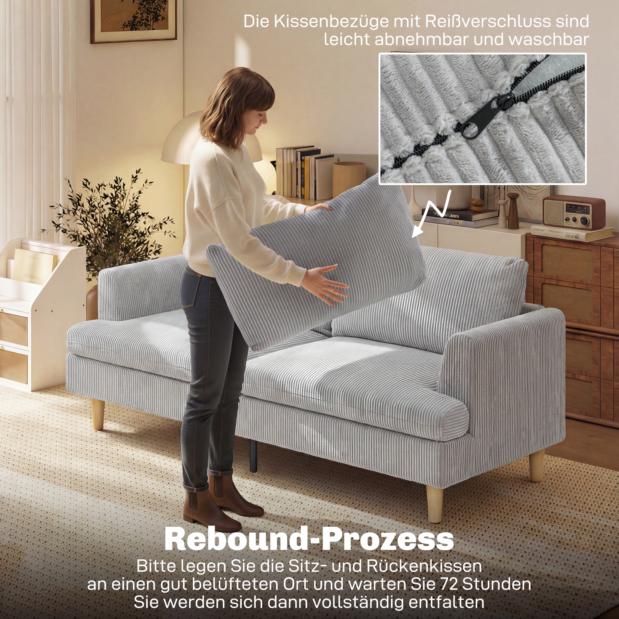 3-Sitzer-Sofa, Couch mit Armlehnen Gepolstert Polstersofa mit Kordoptik für Wohnzimmer Hellgrau