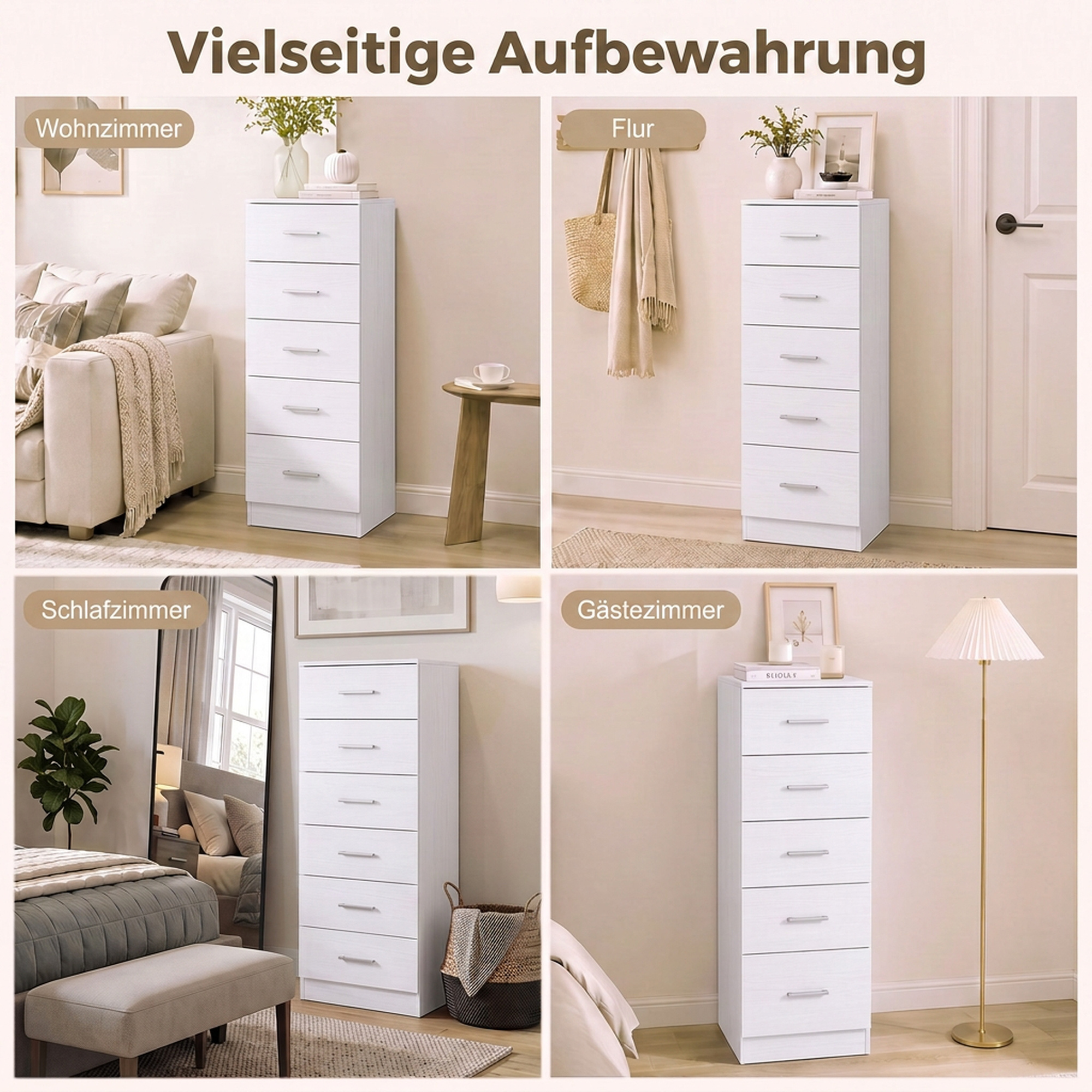 Kommode mit 6 Schubladen, moderne Schlafzimmerkommode, Aufbewahrungsschrank, 40 x 40 x 110 cm, Weiß in Holzoptik