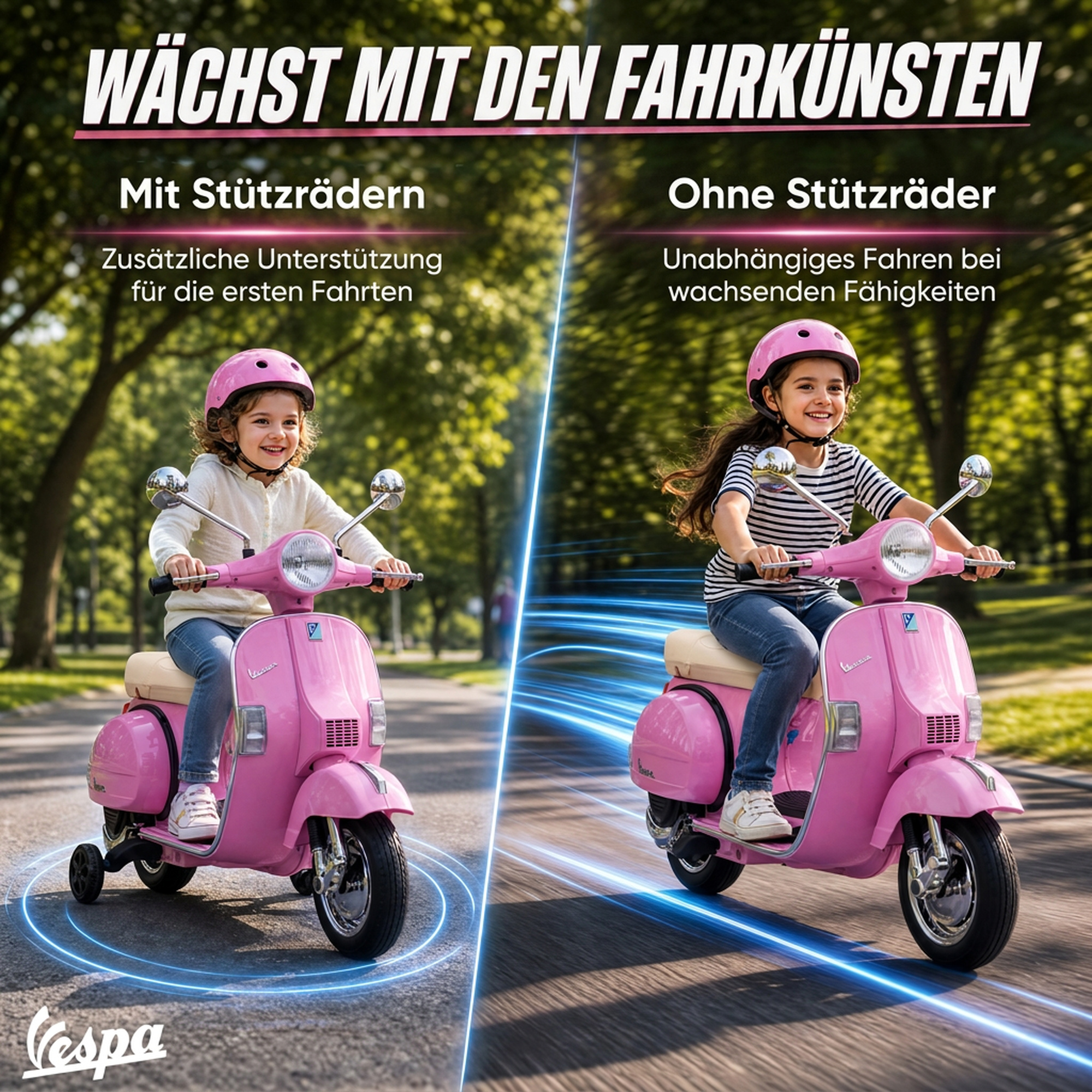 Elektro Motorrad Kinder Vespa PX150 12V Elektromotorrad mit Lithium Akku 35W 2 Motoren 25° Lenkbegrenzung für 3-6 Jahre