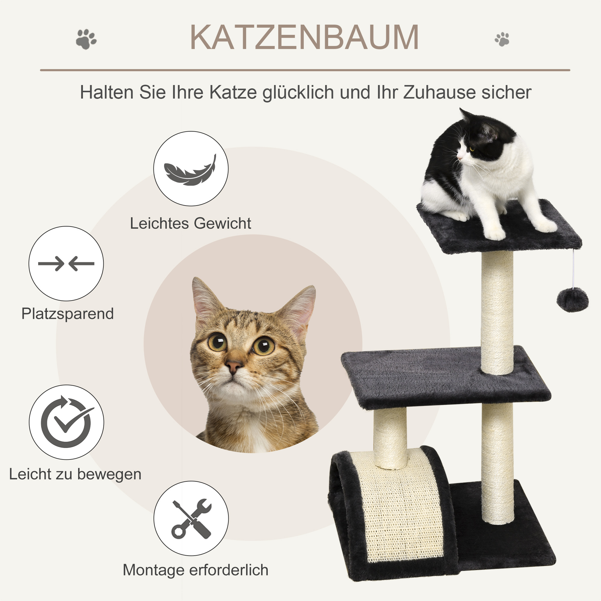 Kratzbaum 72 cm Katzenturm mit Plüschballen, Sisalstämme, Plattform, Kratzbrett mehrstöckiger Katzenkratzbaum, Kletterbaum, für mittelgroße Katzen, Grau