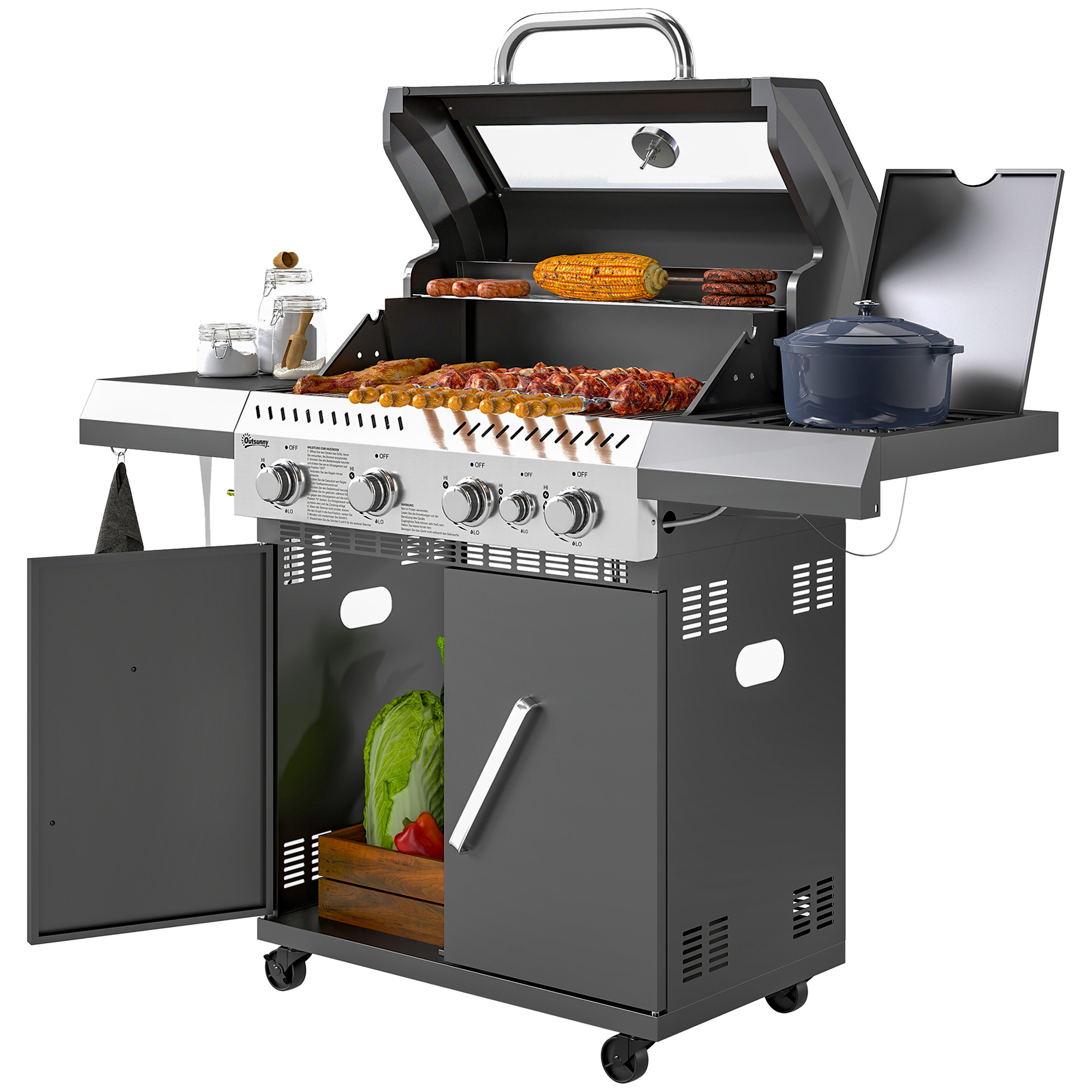 Gasgrill 12 KW Grillwagen inkl 5 Brenner Seitenkocher Rolle Deckel Thermometer Seitenablagen 135 x 54 x 110 cm