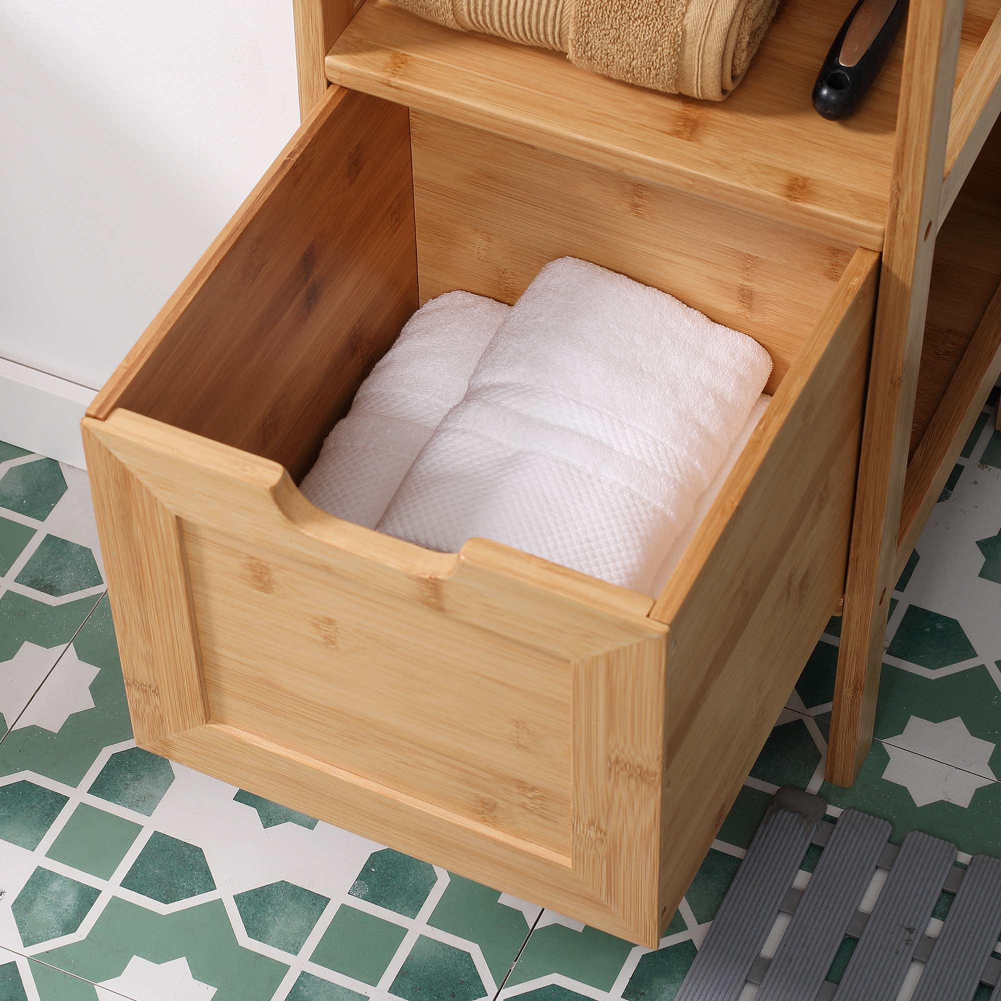 Badezimmerschrank aus Bambus, 1 Regal, 2 Schubladen, 30 cm x 30 cm x 90 cm; Natur