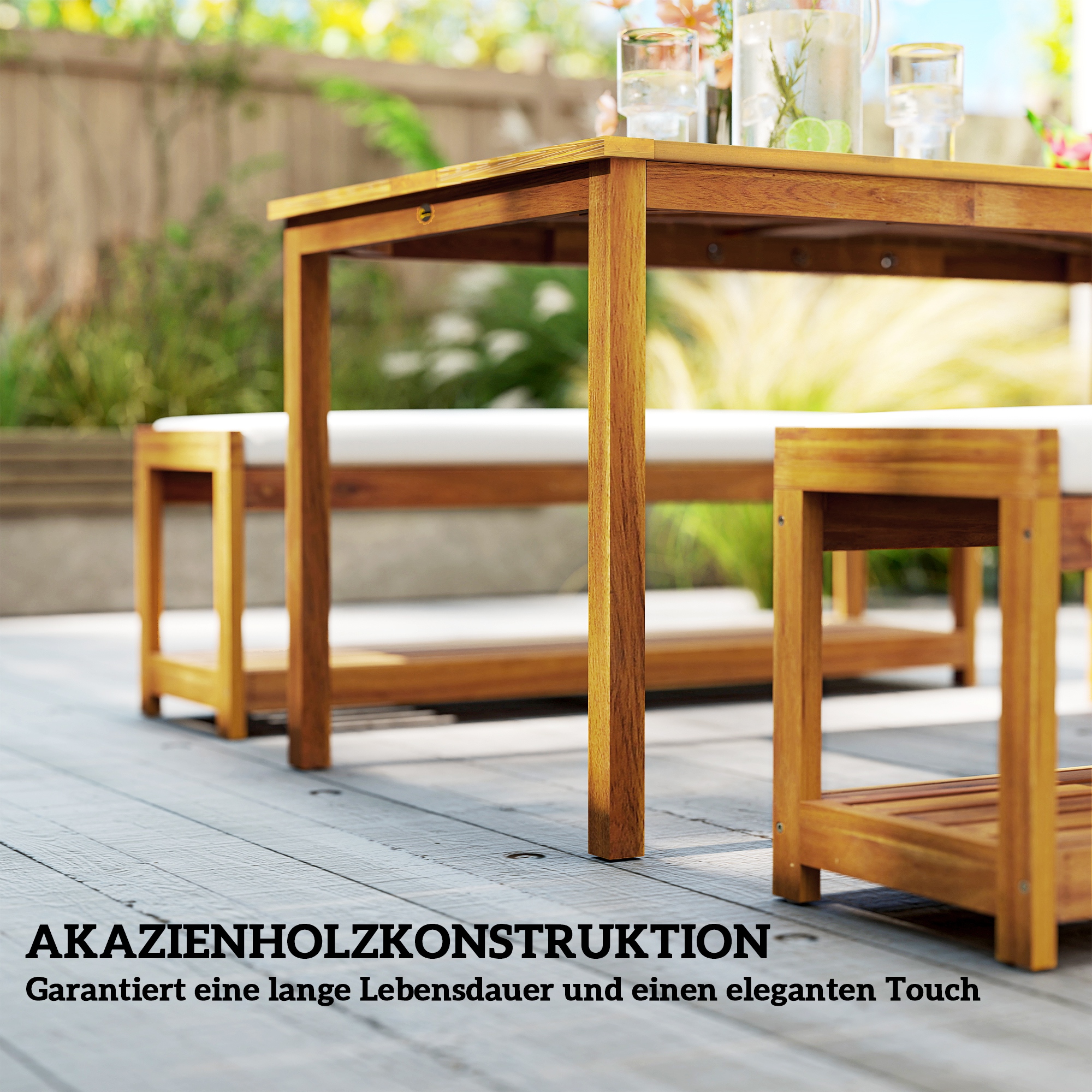 3 tlg. Gartenmöbel-Set, Sitzgarnitur inkl. 1 Esstisch mit Schirmloch, 2 Bänke 150 x 85 x 75 cm Teak