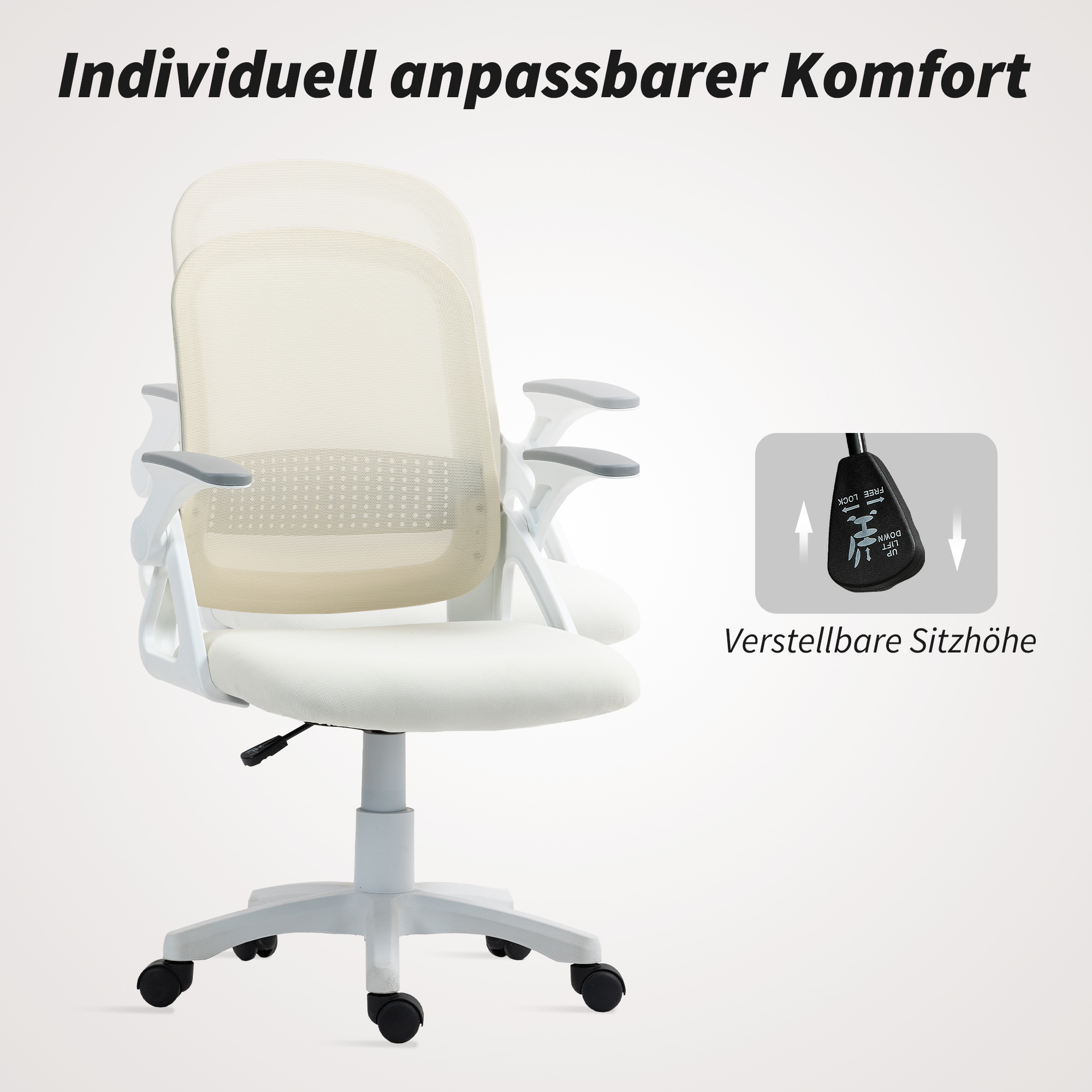atmungsaktiver Mesh-Bürostuhl, Ergonomischer Drehstuhl mit klappbaren Armlehnen und Lendenwirbelstütze, Weiß