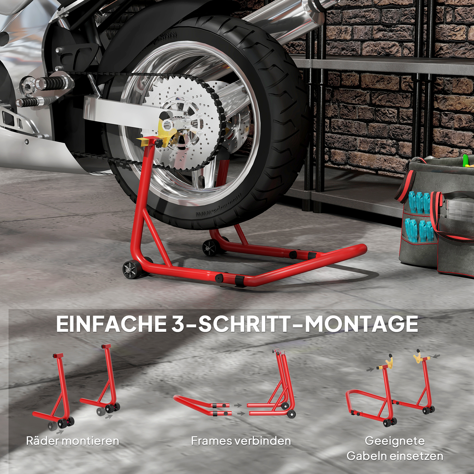 Motorradständer vorne/hinten Montageständer Motorradheber bis 544 kg Stahl Rot