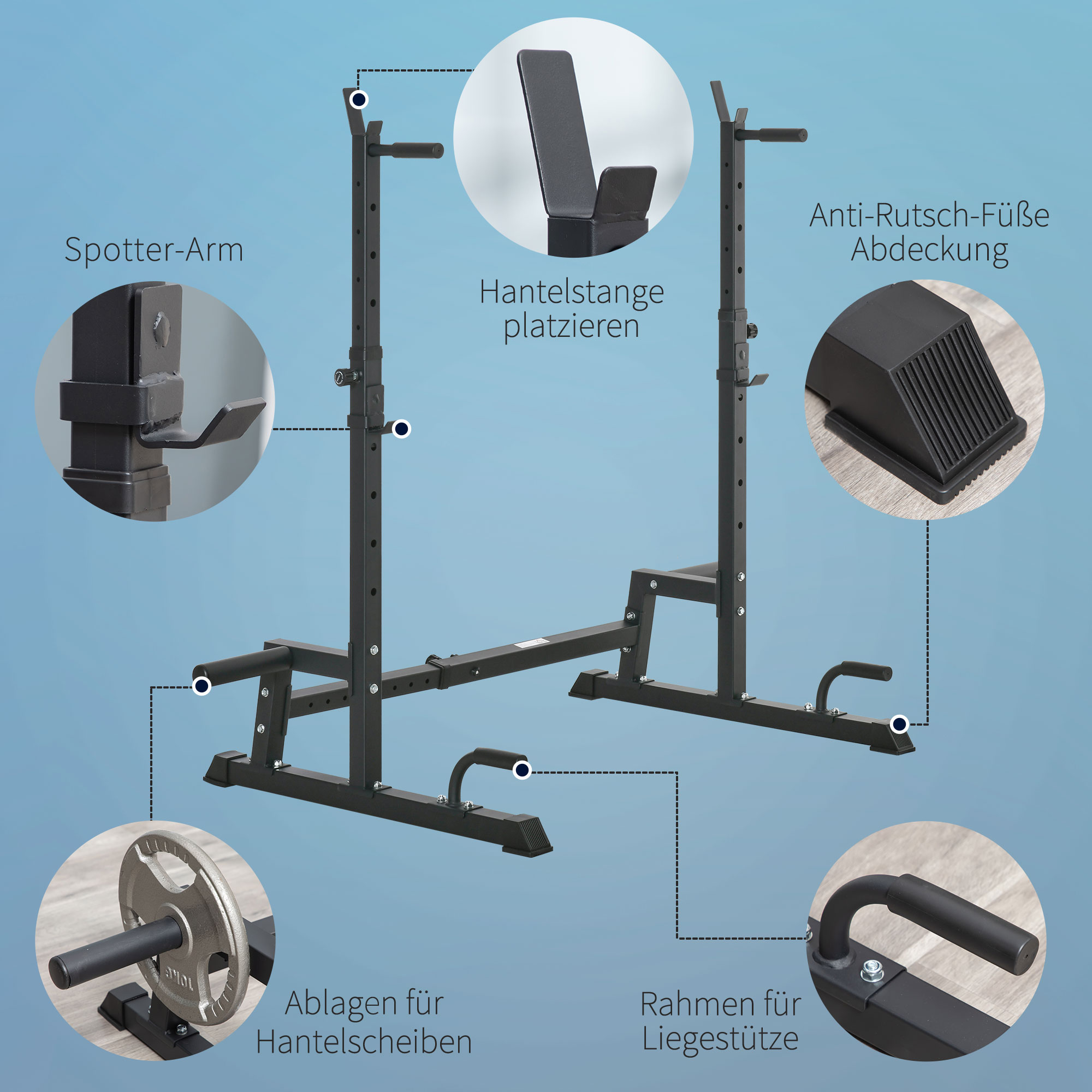 Hantelständer Multi-Funktions Langhantelablage Hantelablage höhenverstellbar Langhantel Krafttraining bis 150 kg belastbar Barbell Rack Stahl Schwarz
