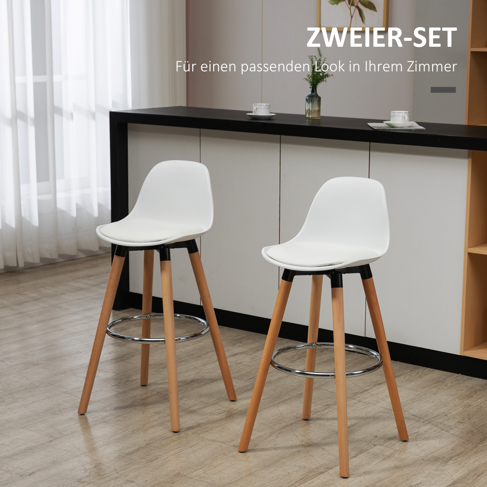 2er-Set Barhocker Barstühle Skandi-Design, Fußtstütze, 38,5 cm x 42,5 cm x 91 cm, Natur + Weiß