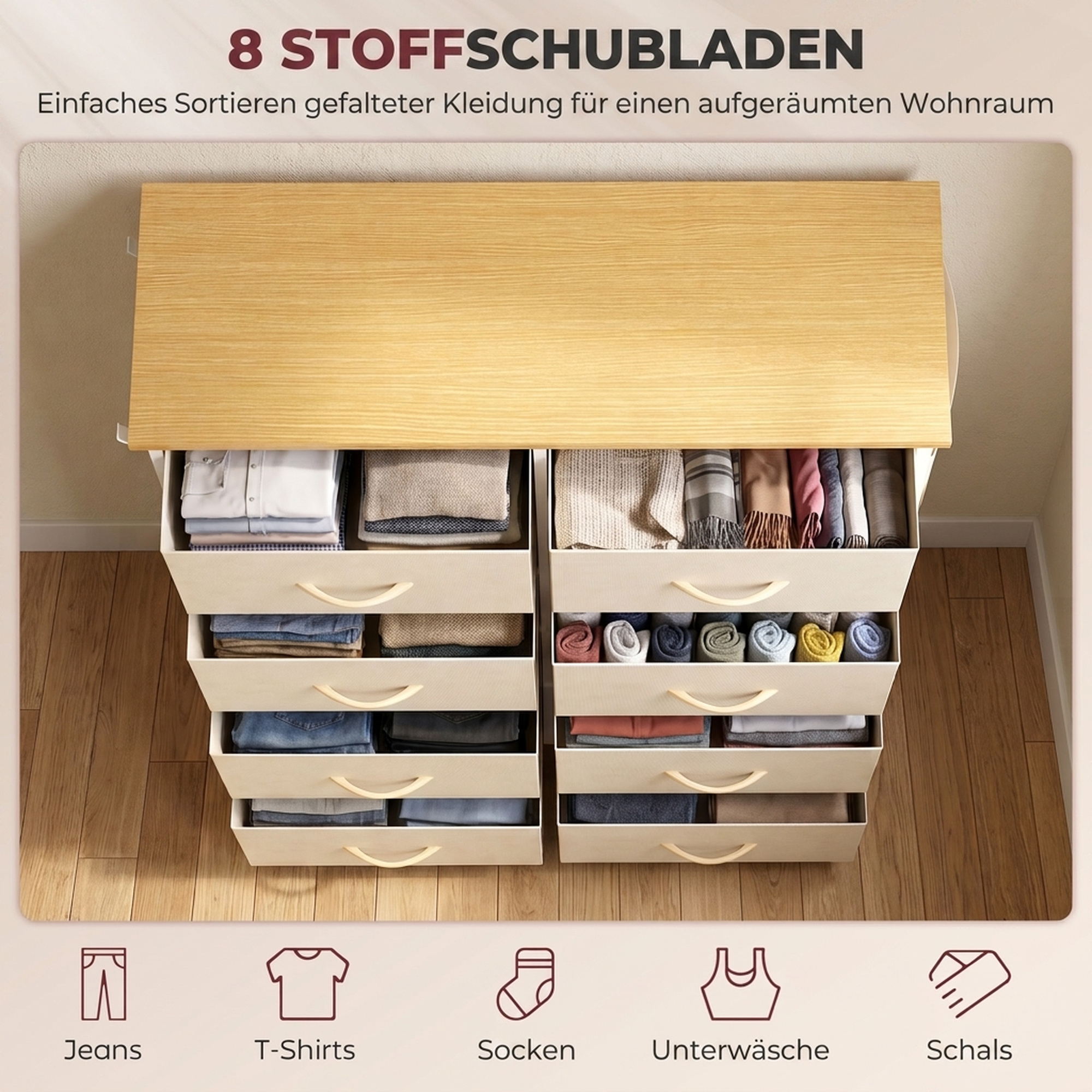 Schlafzimmer-Kommode mit 8 Stoffschubladen, Stahlstreben, Holzoberfläche, 4 Aufbewahrungstaschen, 2 Haken, Beige