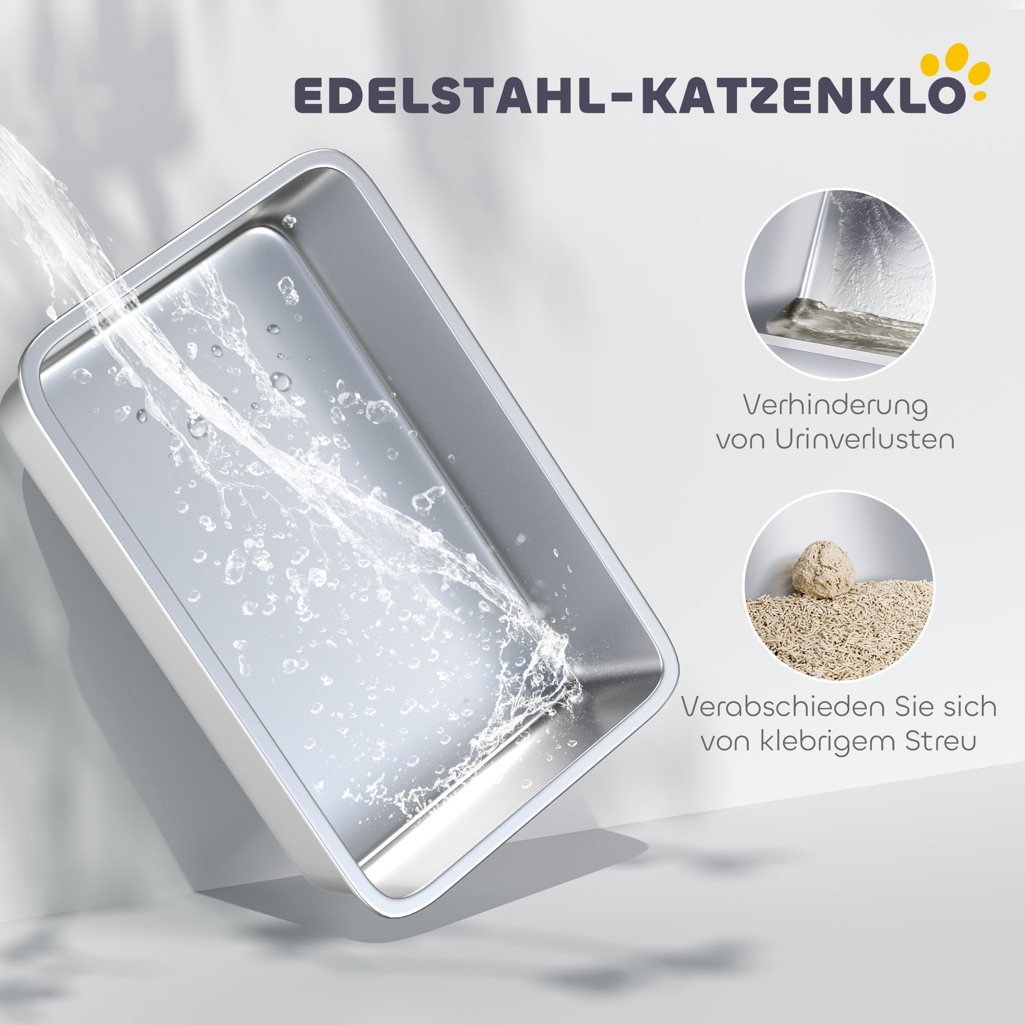 Katzentoilette, Wanne aus Edelstahl, Filter, Schaufel, für Katzen bis 6 kg, 40,5 x 60,5 x 41,5 cm, Grau/Silber