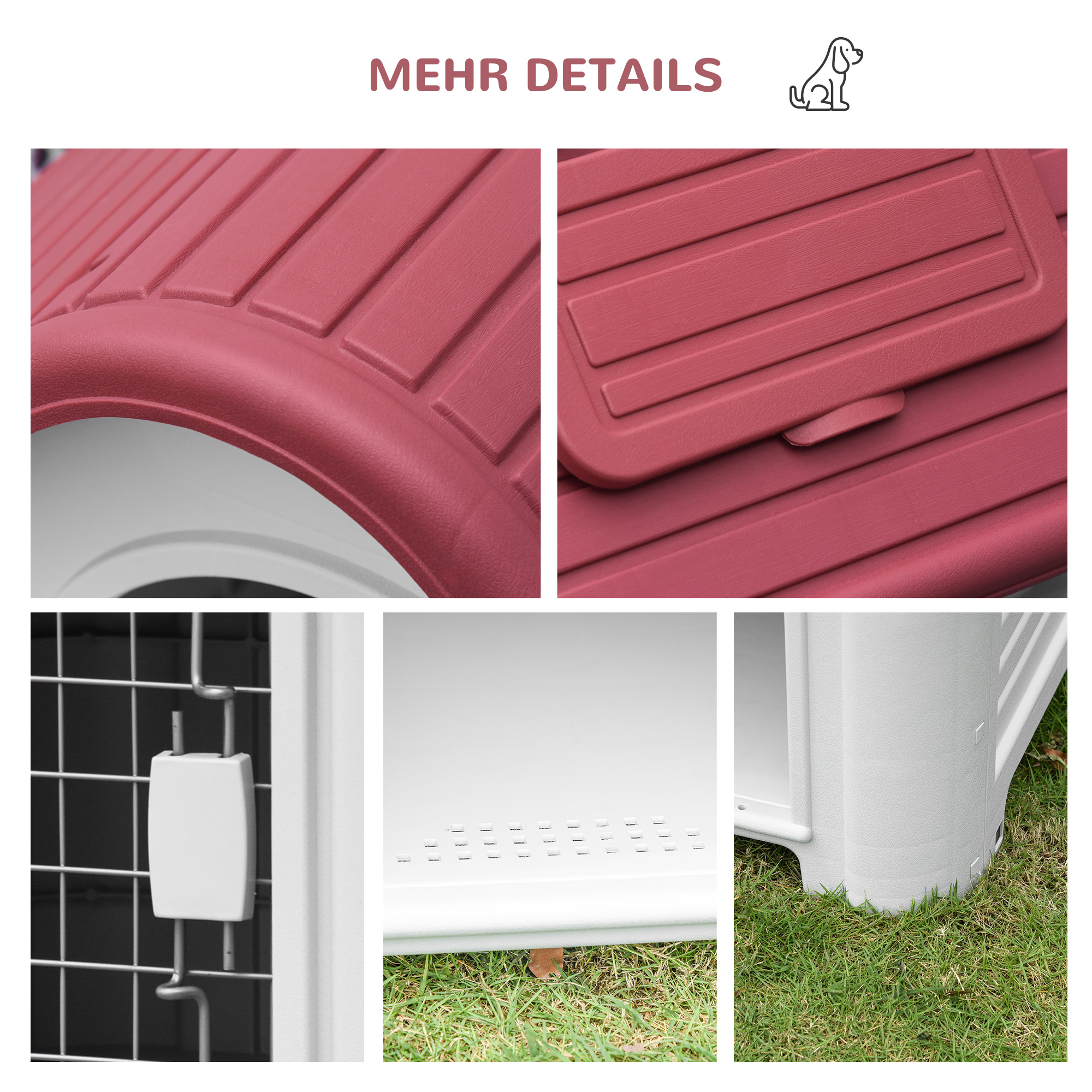 Hundehütte Outdoor, Hundehaus mit Dachluke Tor Unterschlupf, Wasserdichte Hundehöhle mit Luftzirkulation Hütte für kleine Hunde, draußen Rot+Hellgrau 59 x 75 x 66 cm